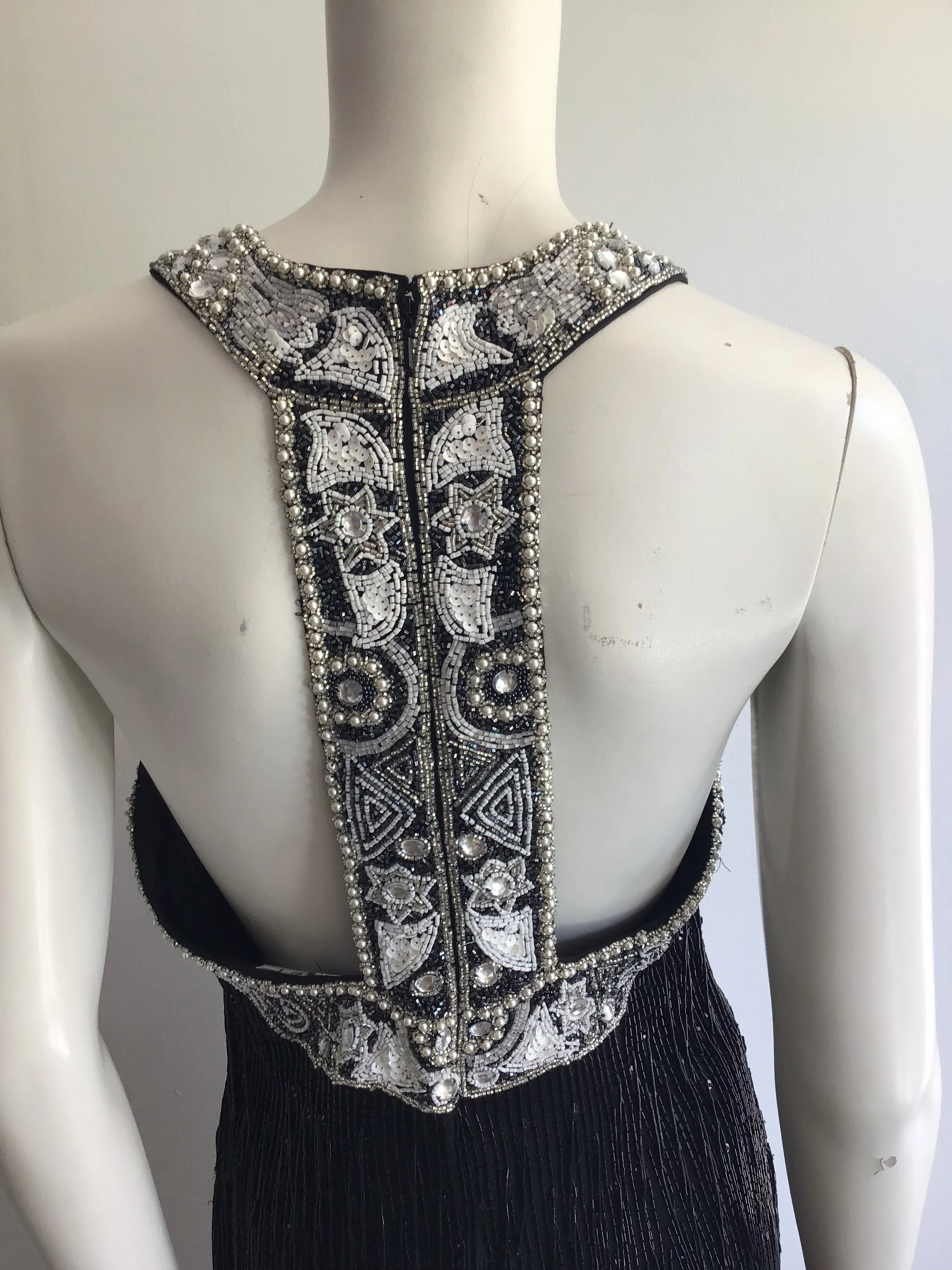1980's Black Beaded Fringe Evening Dress Size 8