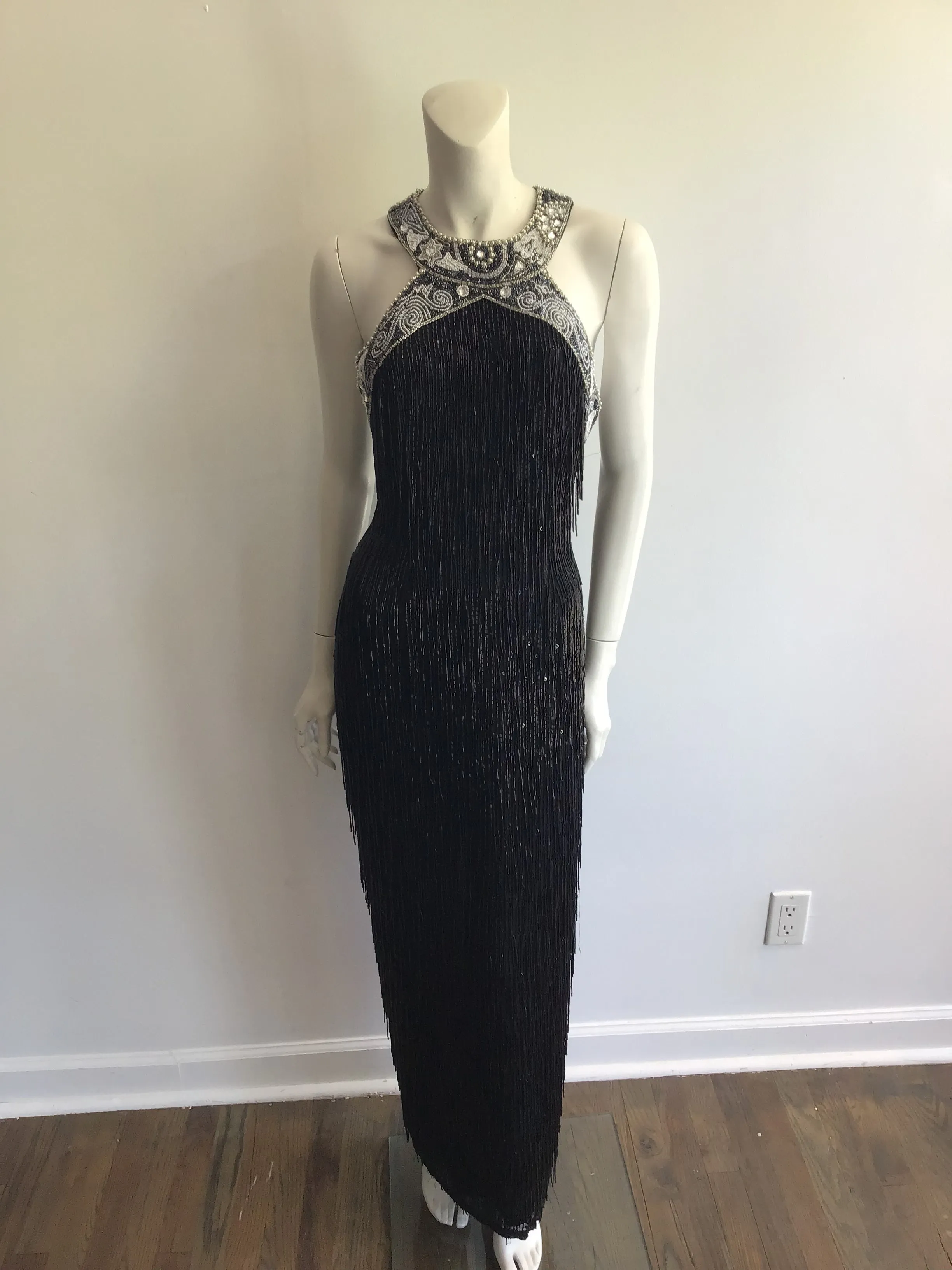 1980's Black Beaded Fringe Evening Dress Size 8