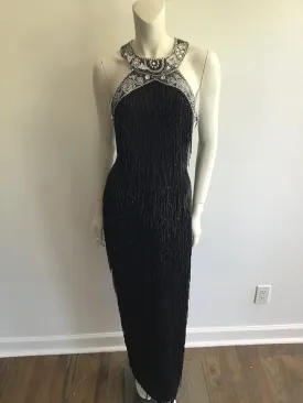1980's Black Beaded Fringe Evening Dress Size 8