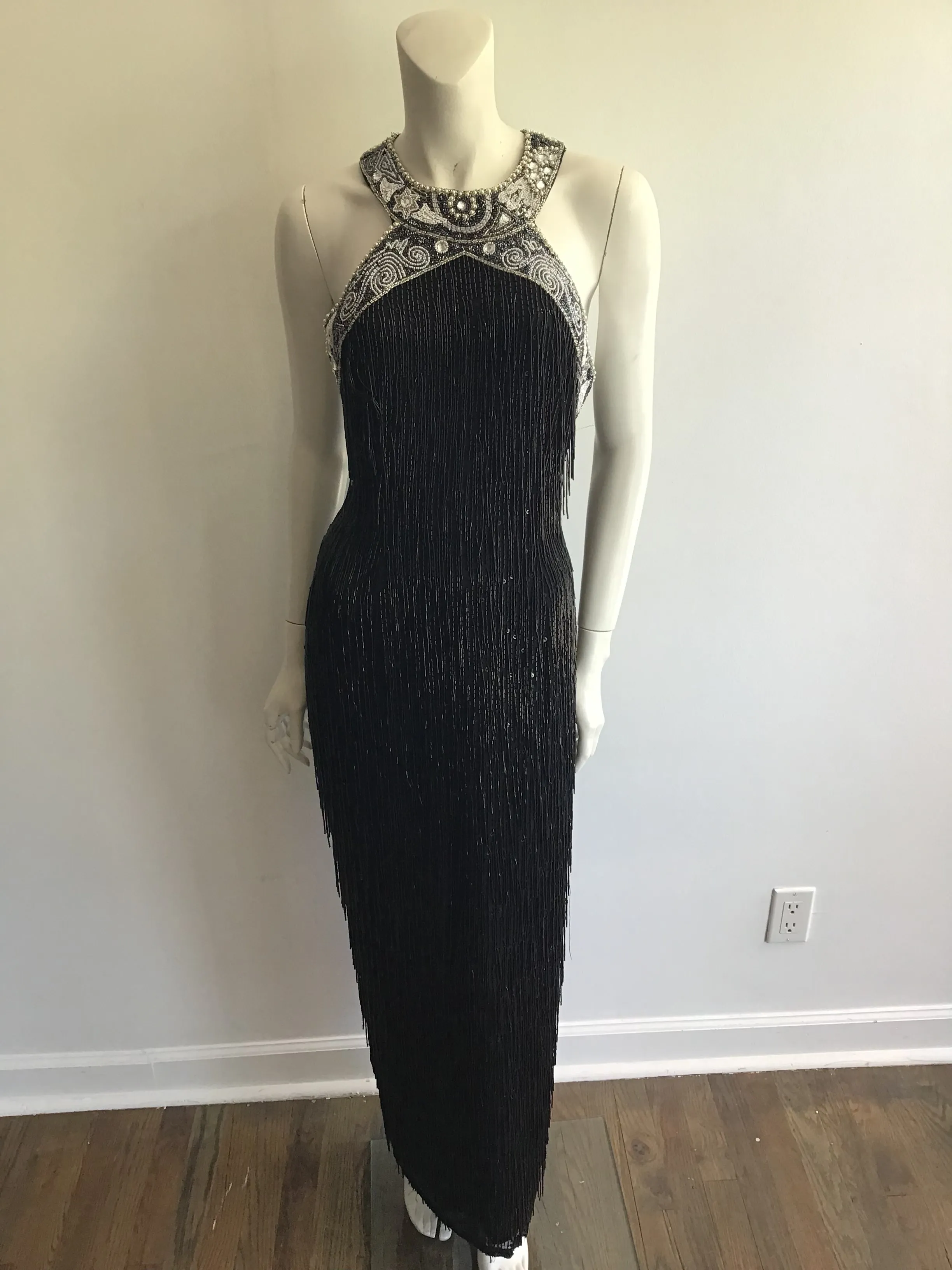1980's Black Beaded Fringe Evening Dress Size 8