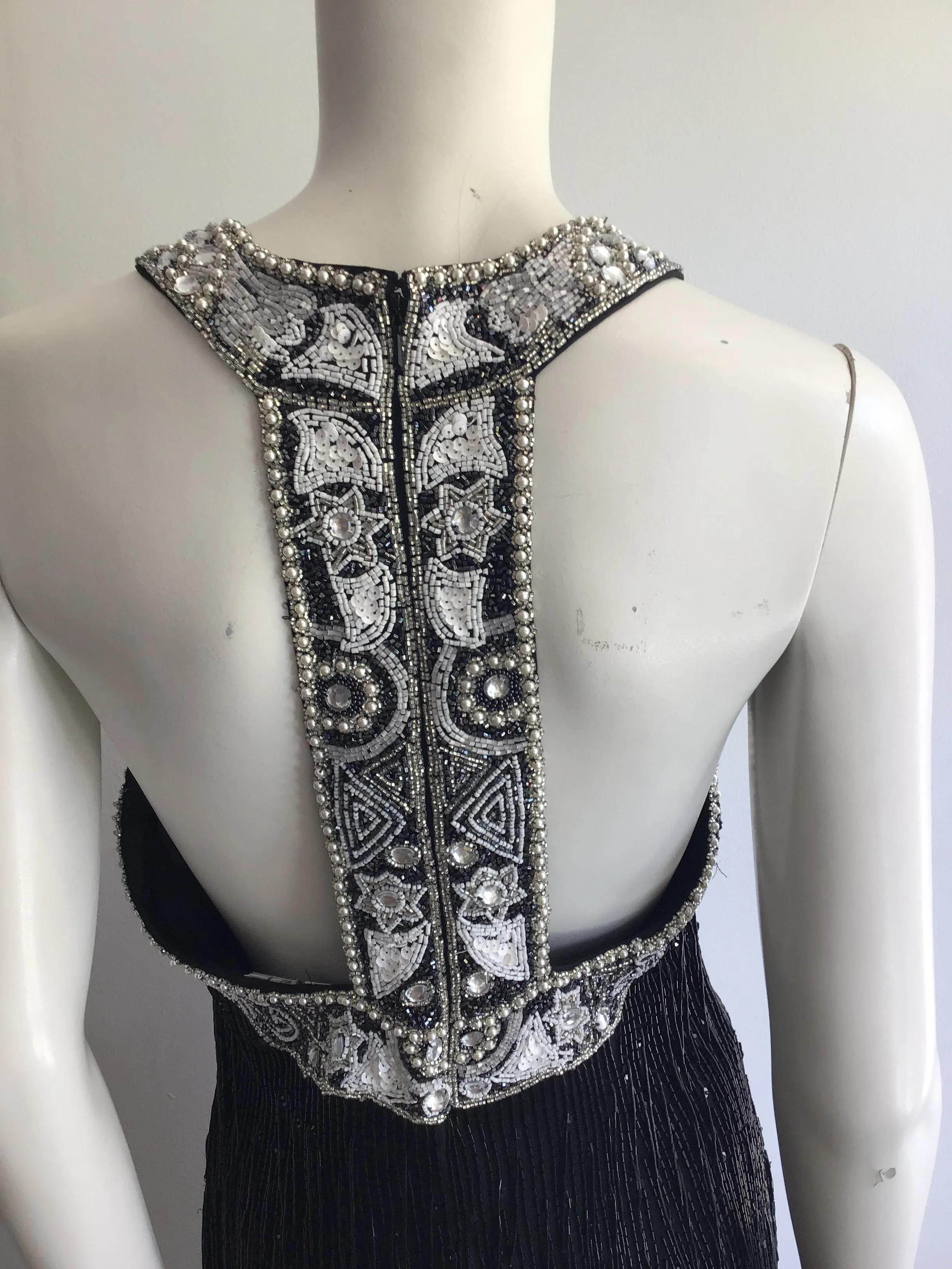 1980's Black Beaded Fringe Evening Dress Size 8