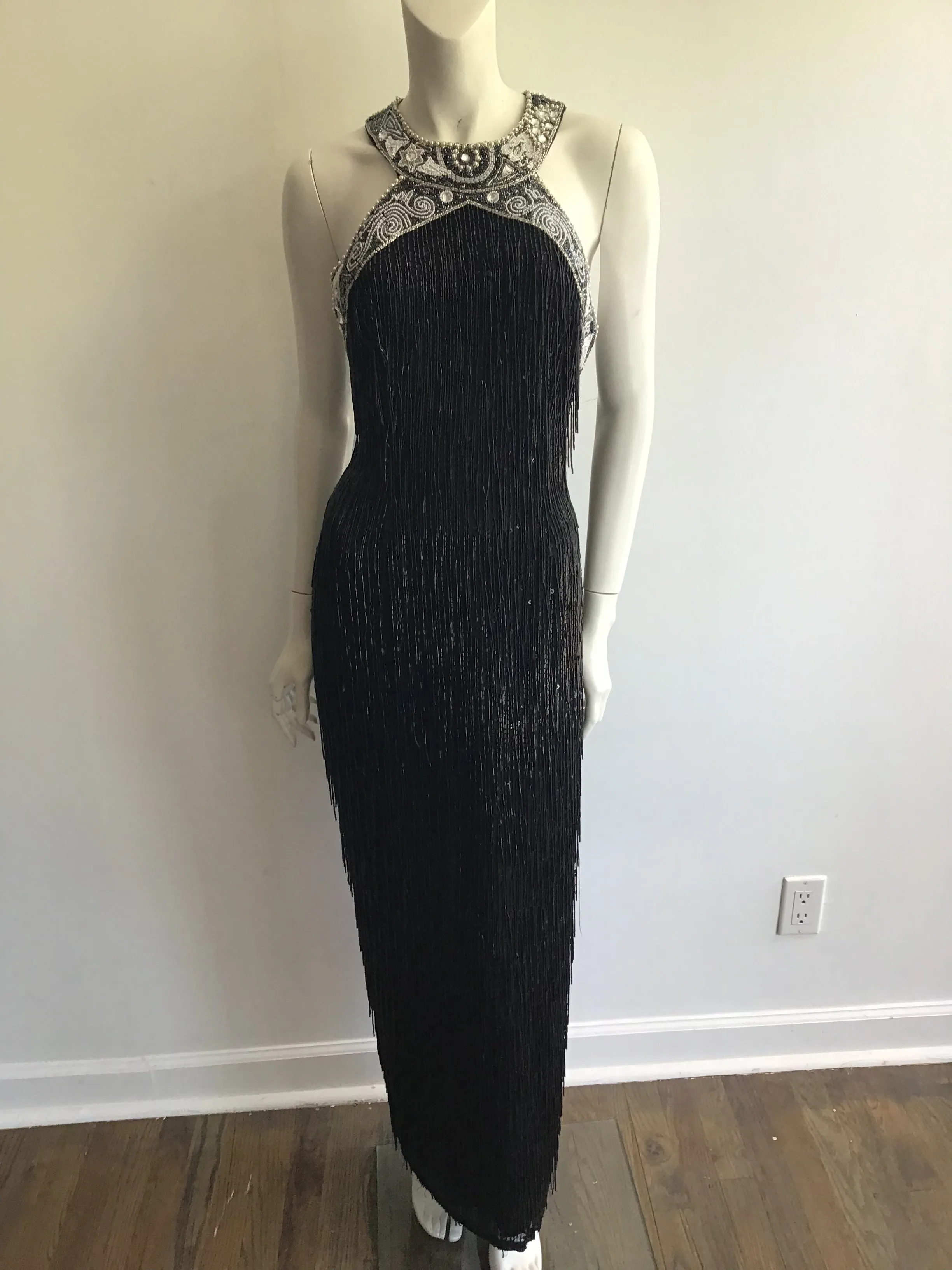 1980's Black Beaded Fringe Evening Dress Size 8