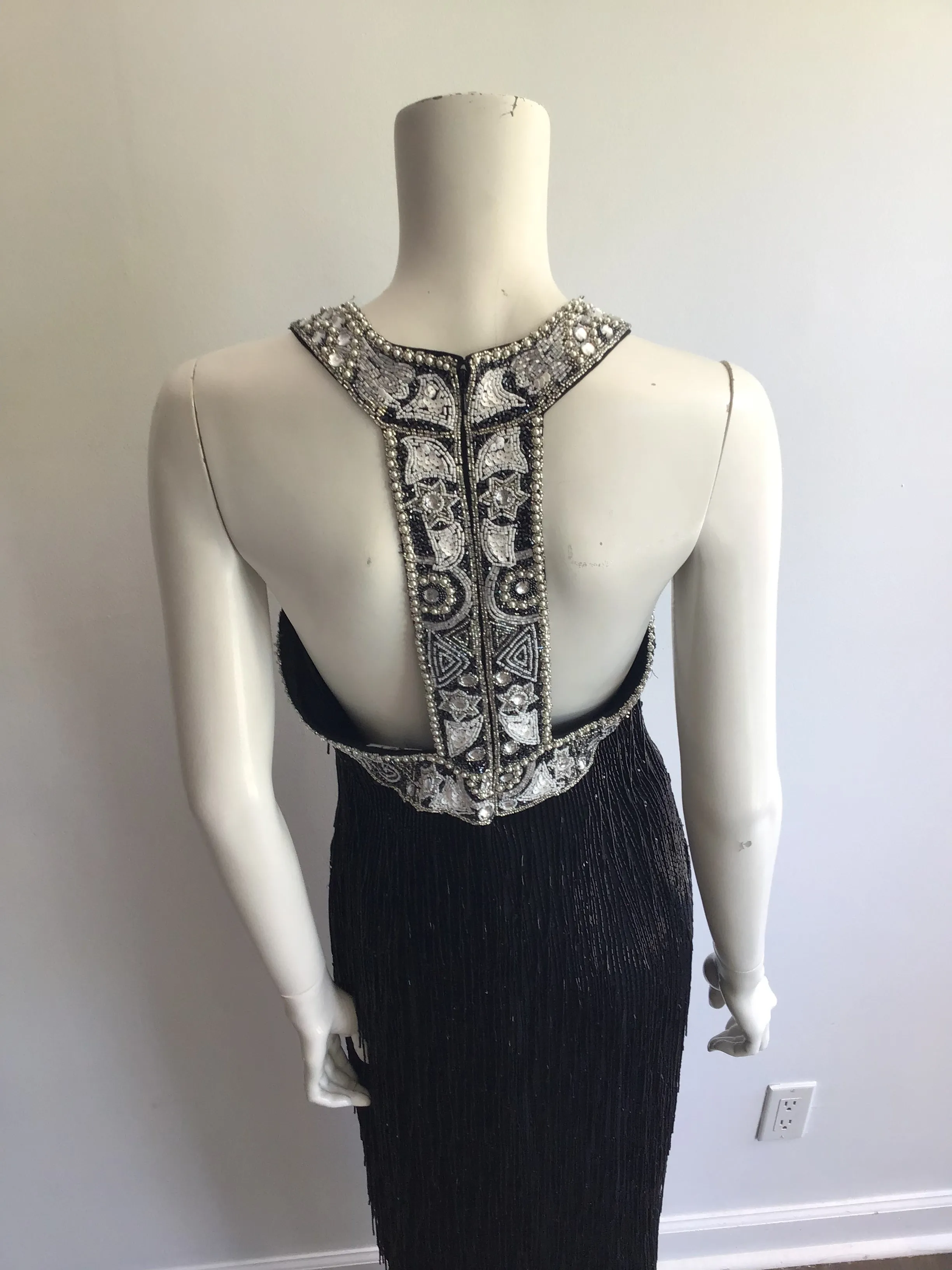 1980's Black Beaded Fringe Evening Dress Size 8