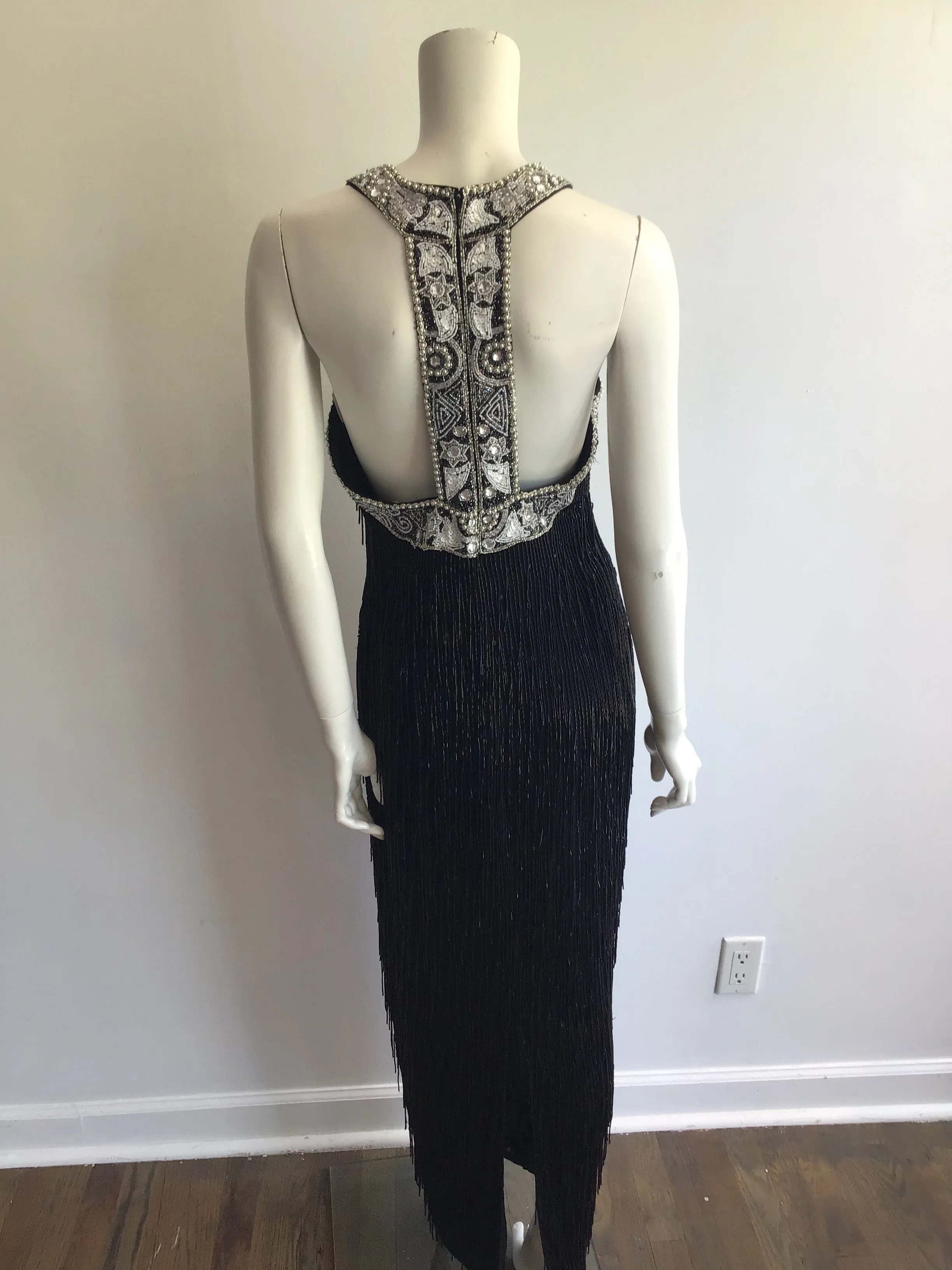 1980's Black Beaded Fringe Evening Dress Size 8