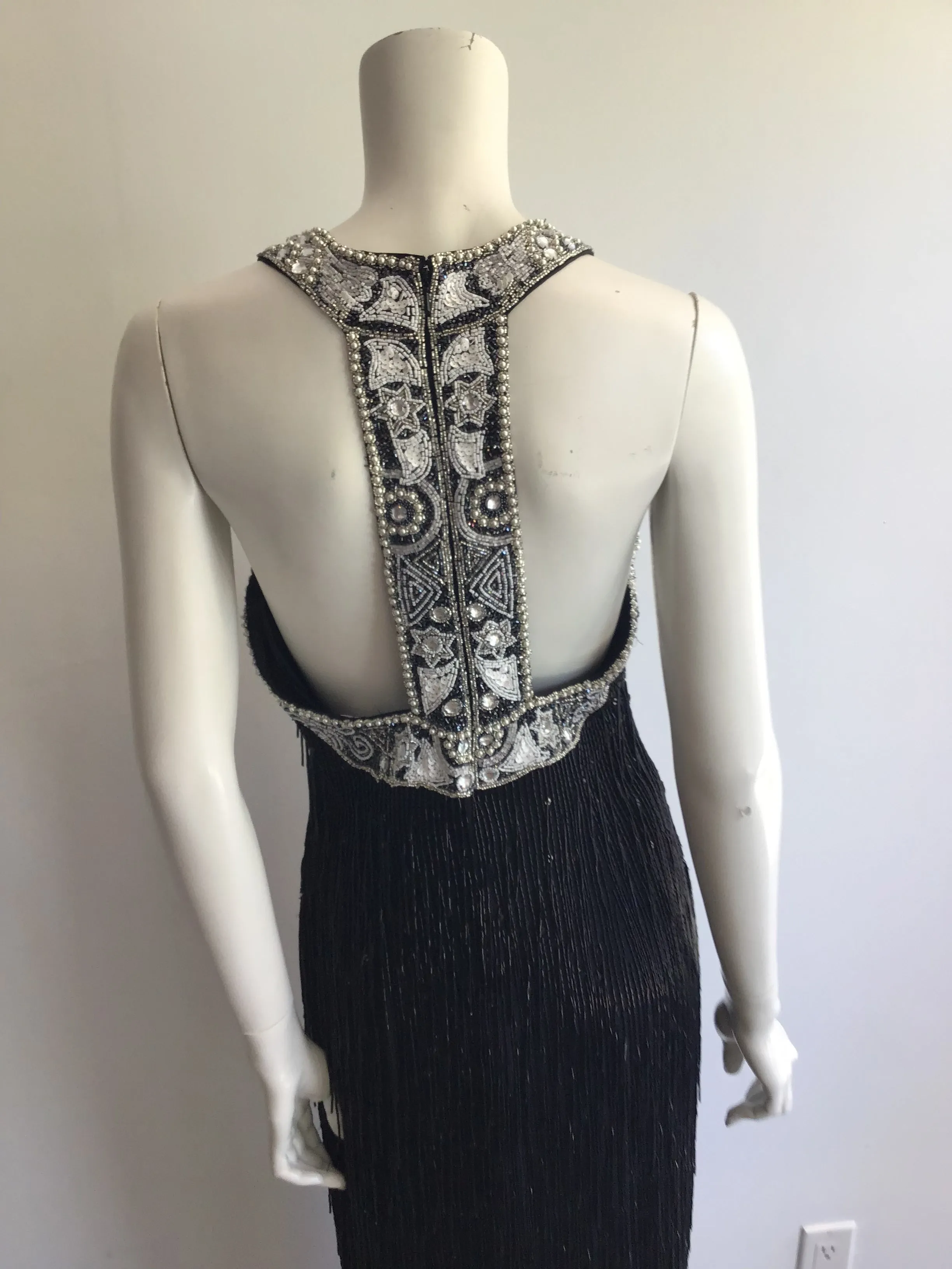 1980's Black Beaded Fringe Evening Dress Size 8