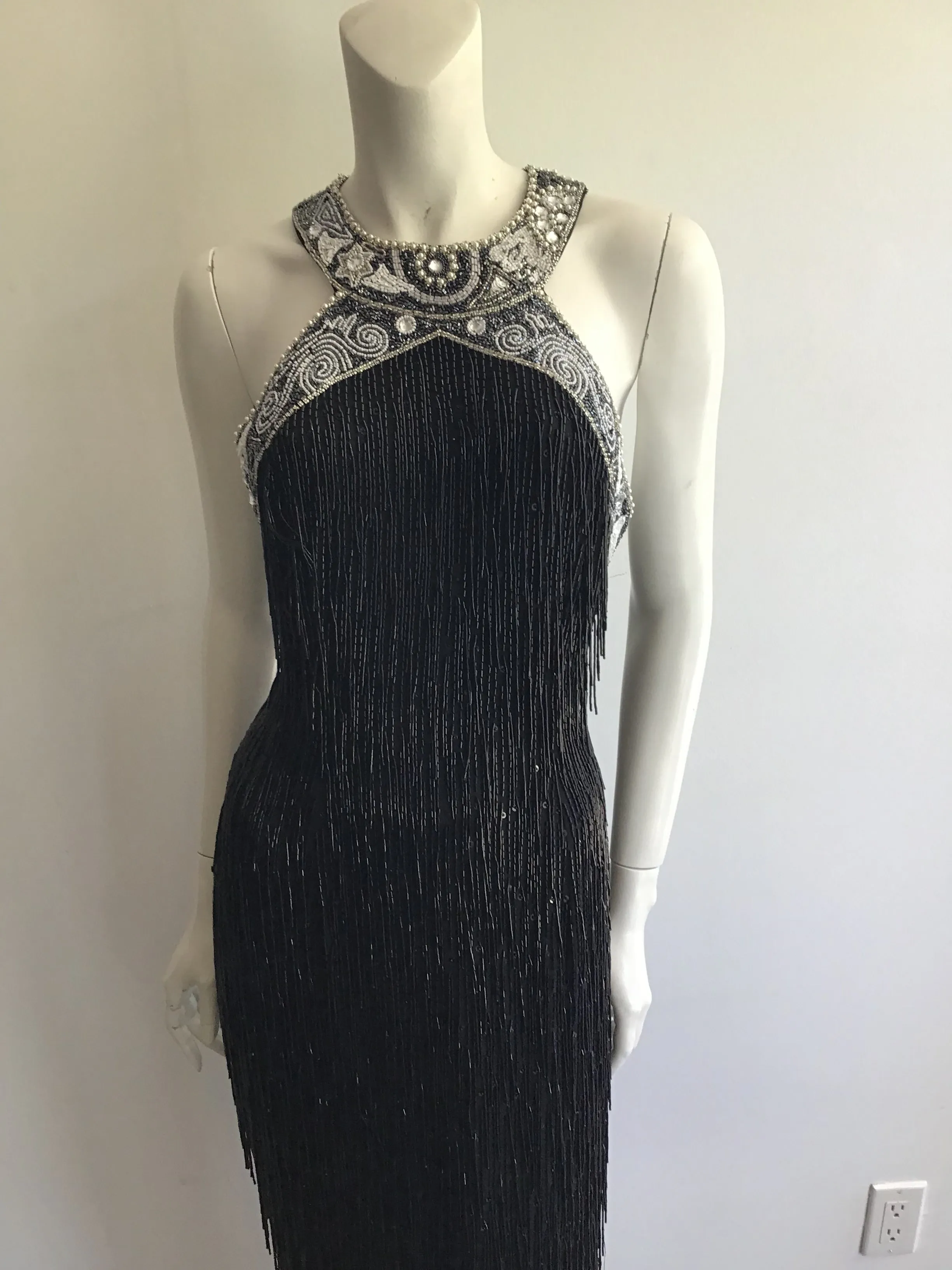 1980's Black Beaded Fringe Evening Dress Size 8