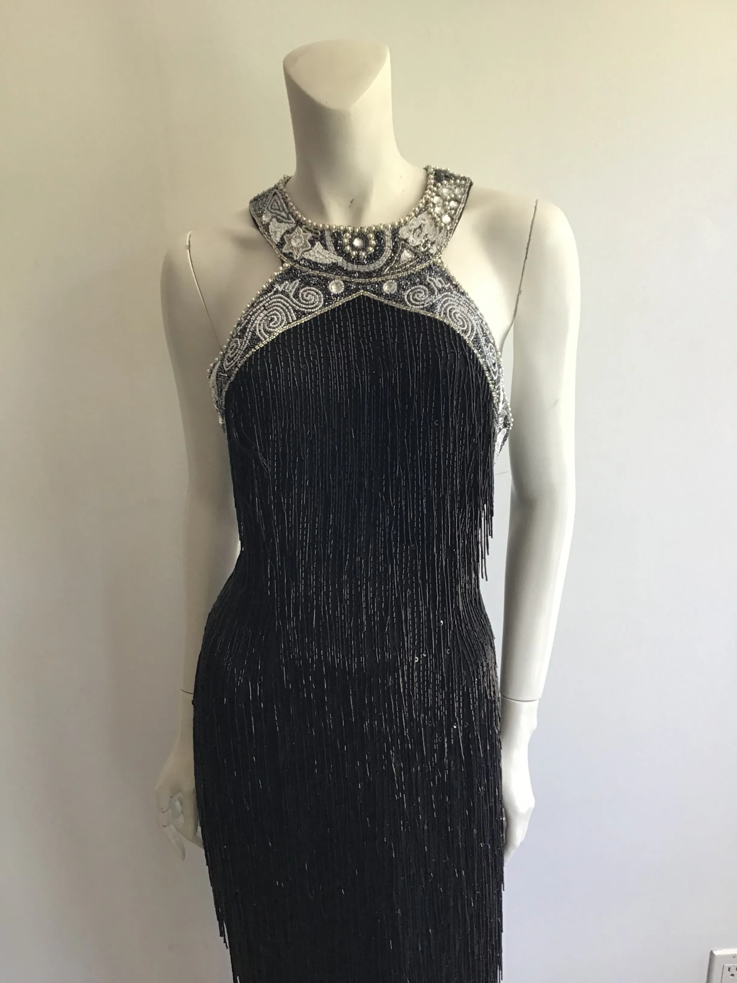 1980's Black Beaded Fringe Evening Dress Size 8