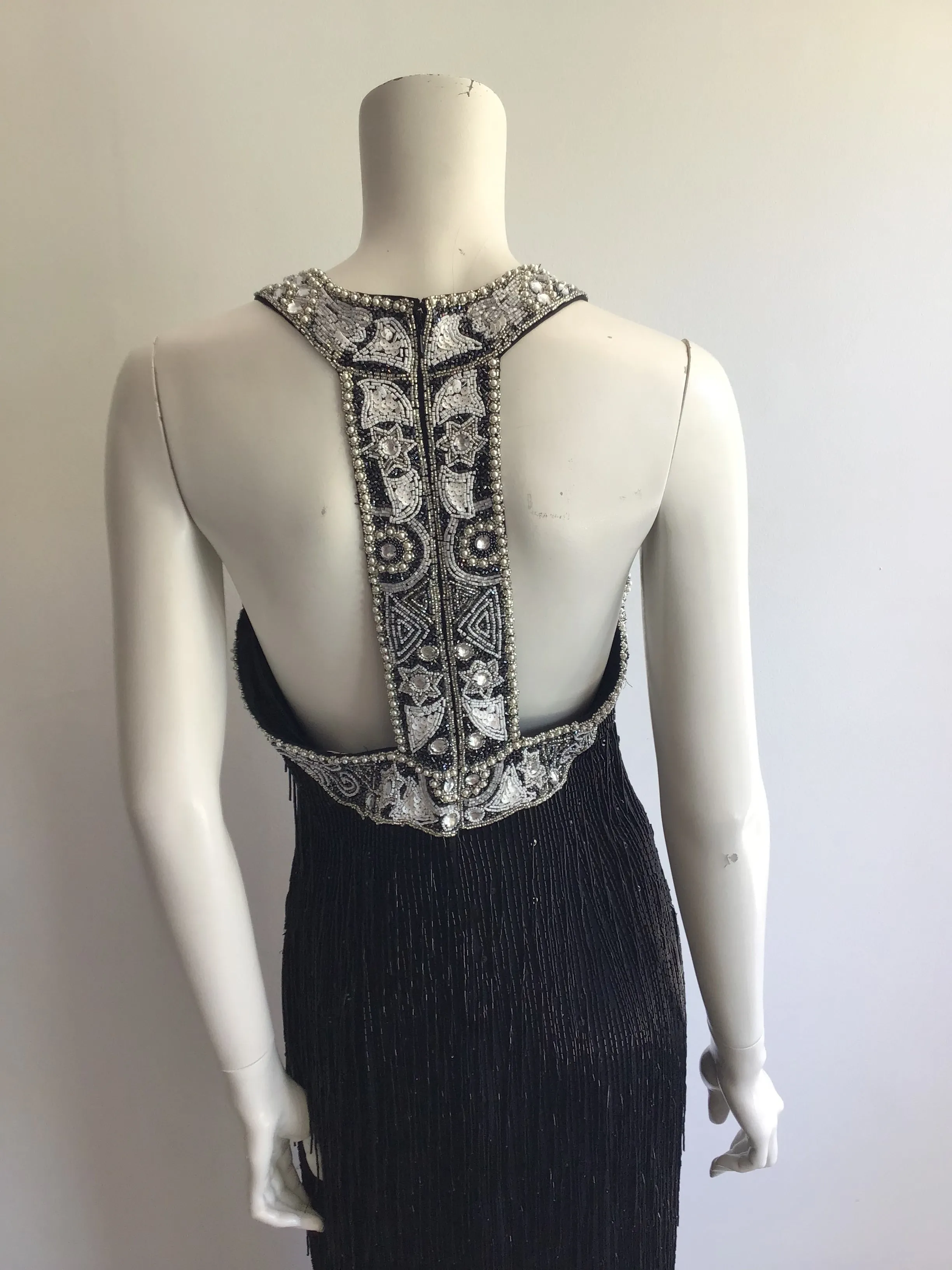 1980's Black Beaded Fringe Evening Dress Size 8
