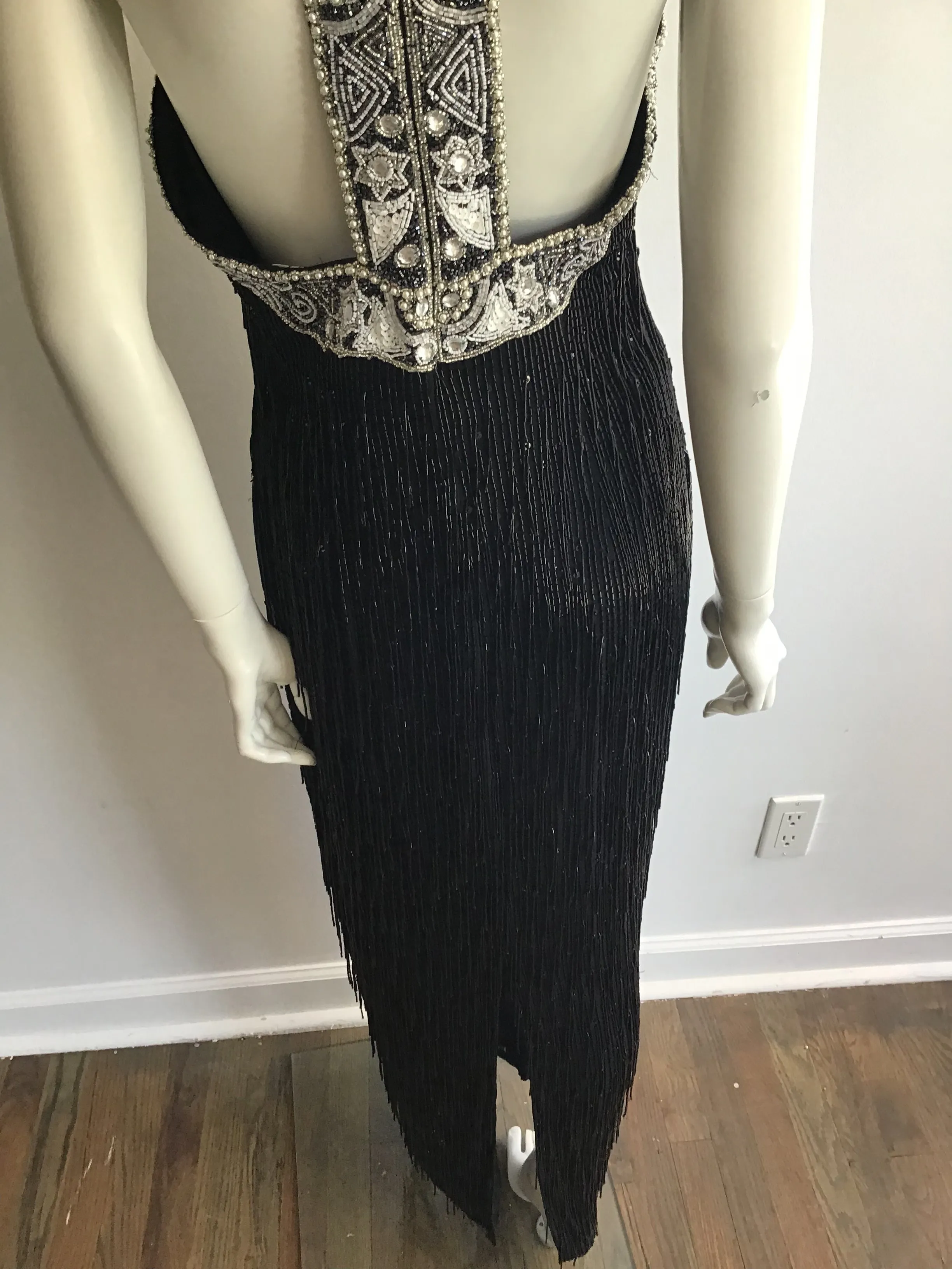 1980's Black Beaded Fringe Evening Dress Size 8