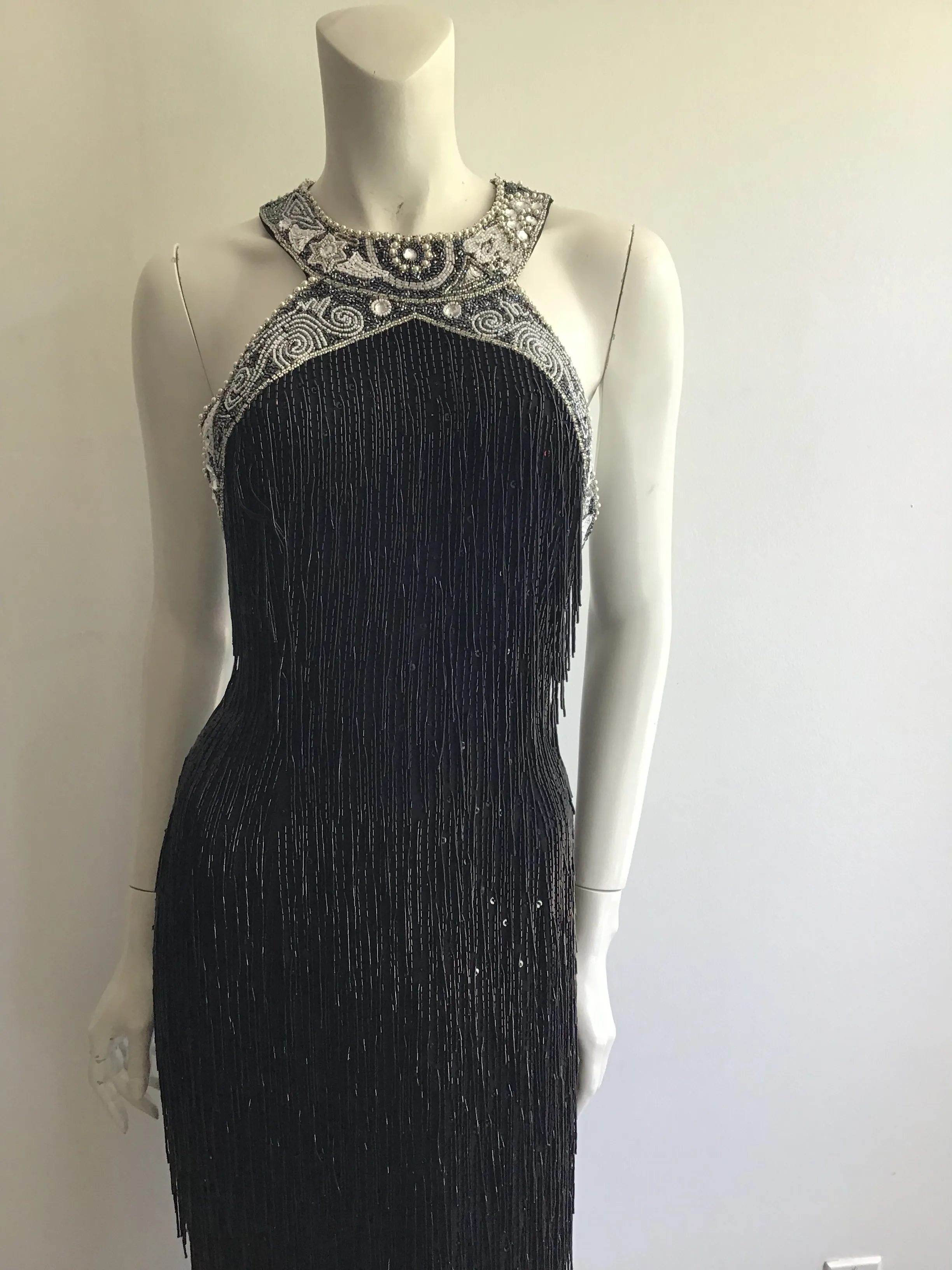 1980's Black Beaded Fringe Evening Dress Size 8