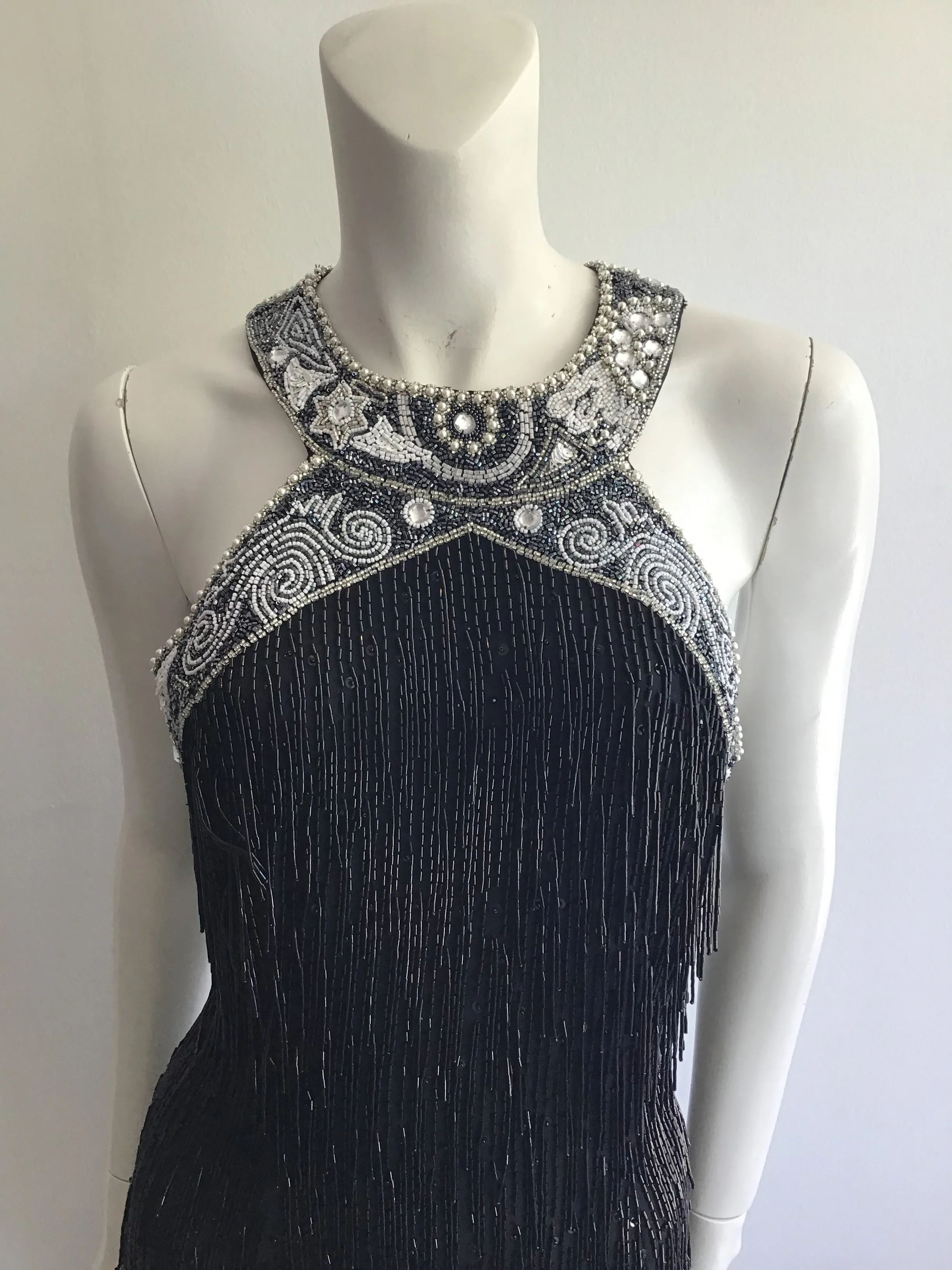 1980's Black Beaded Fringe Evening Dress Size 8
