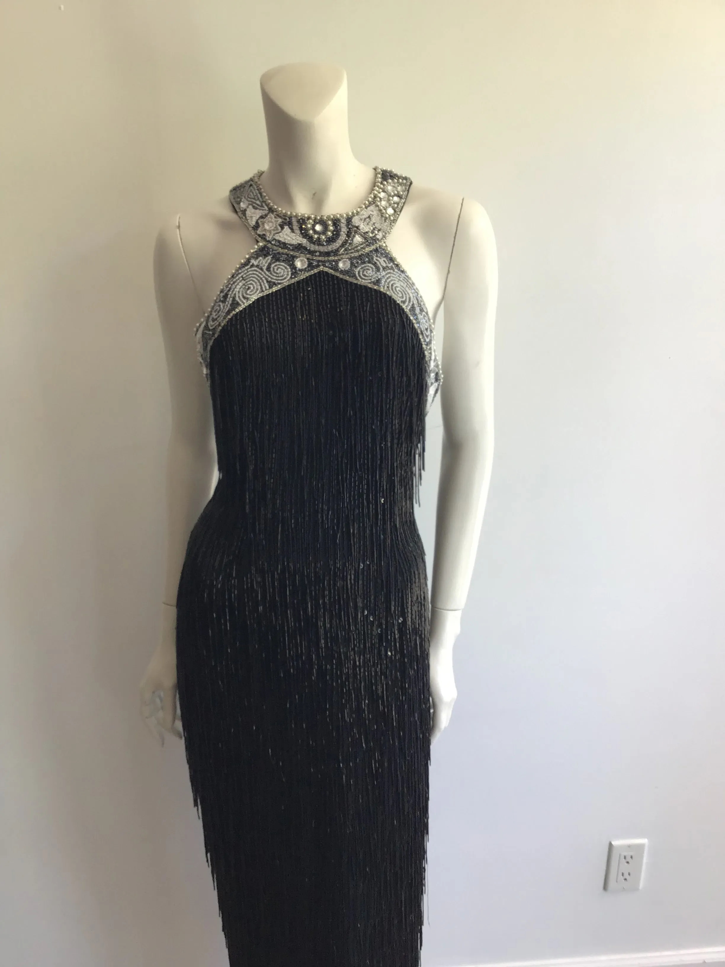 1980's Black Beaded Fringe Evening Dress Size 8