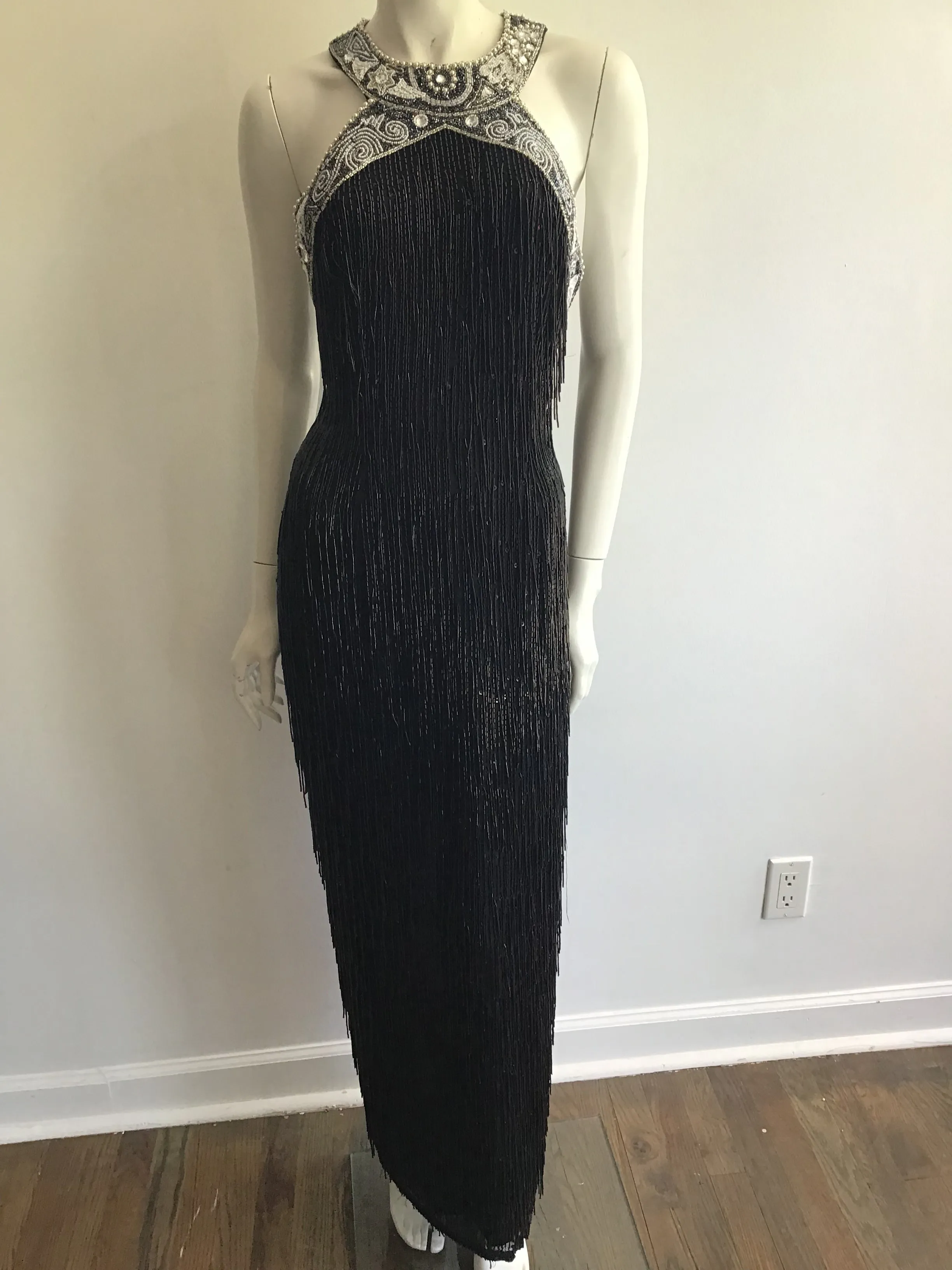 1980's Black Beaded Fringe Evening Dress Size 8
