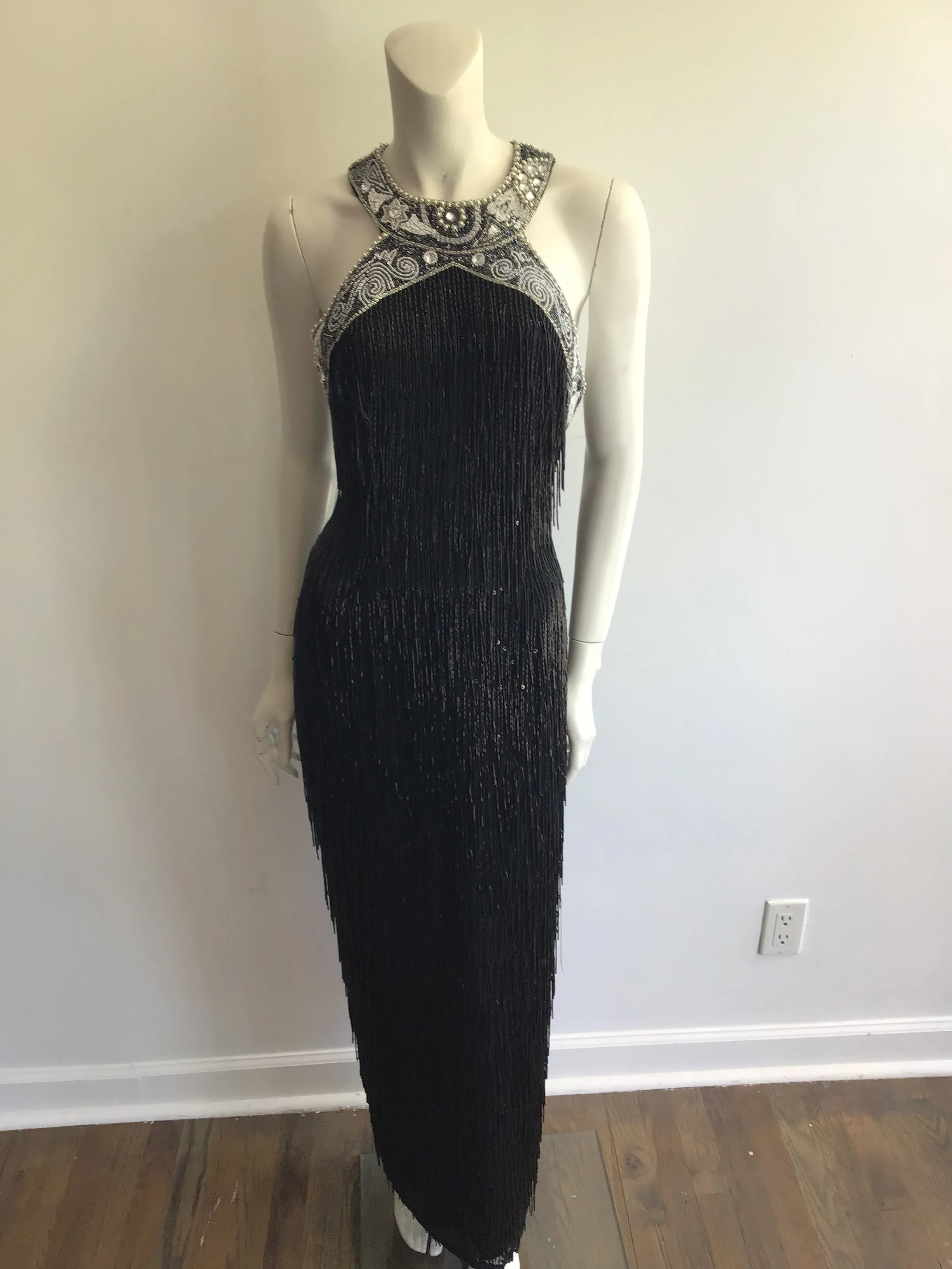 1980's Black Beaded Fringe Evening Dress Size 8