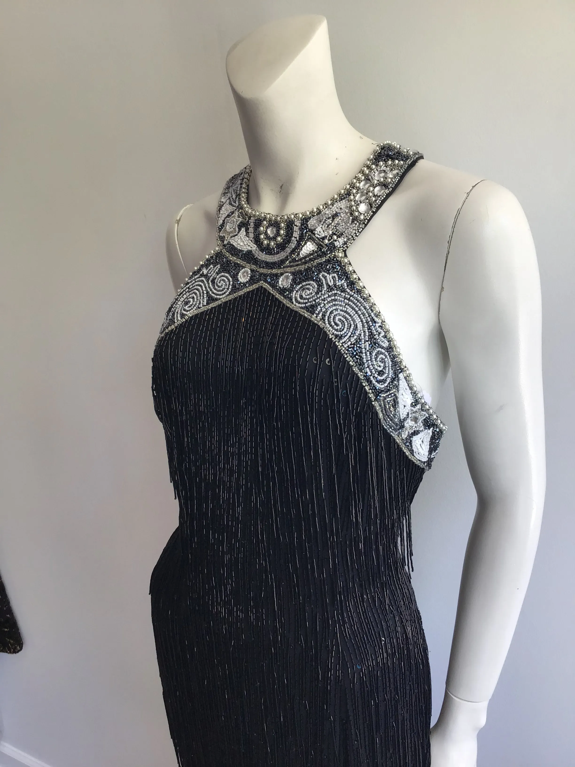 1980's Black Beaded Fringe Evening Dress Size 8