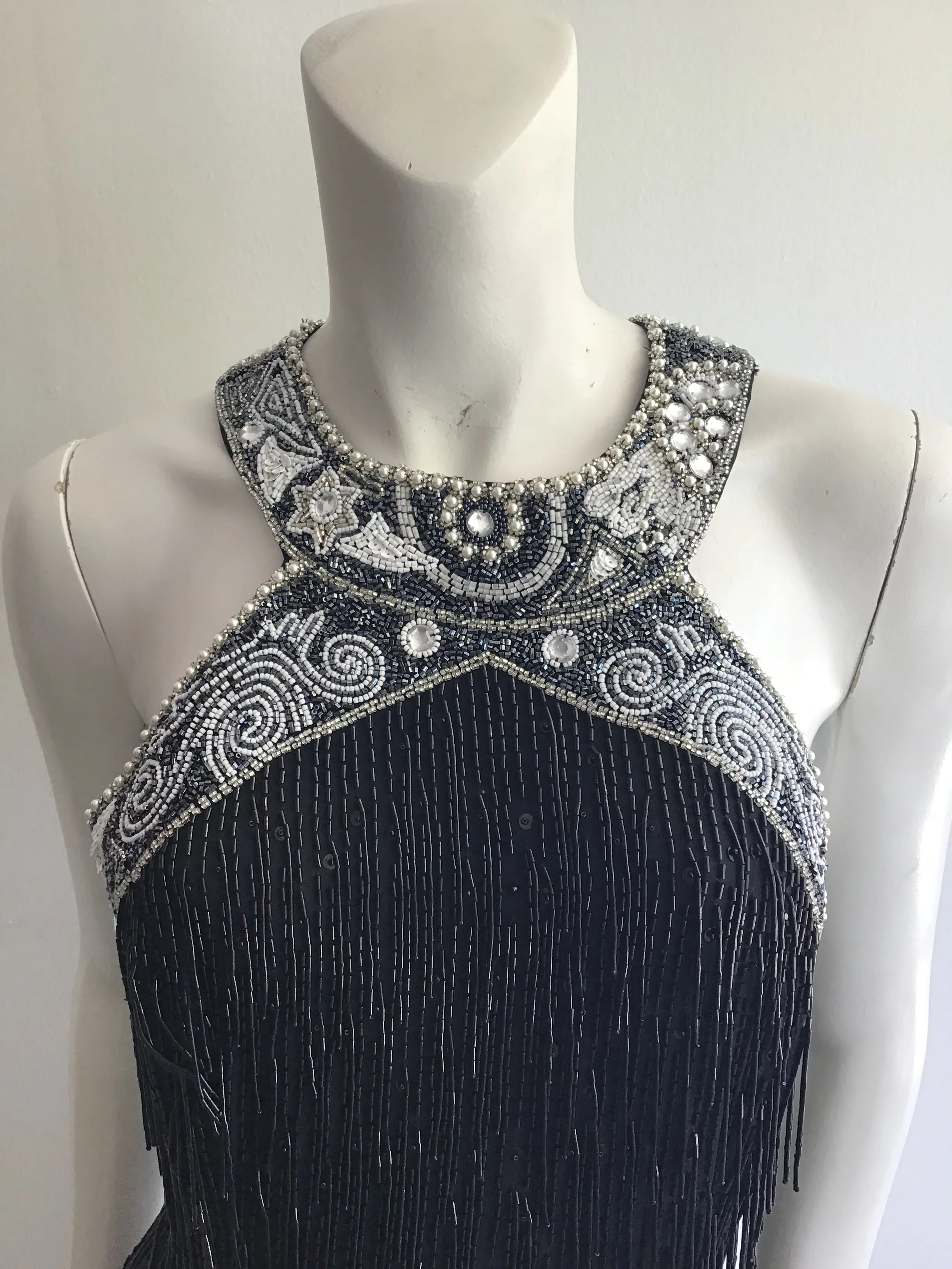 1980's Black Beaded Fringe Evening Dress Size 8