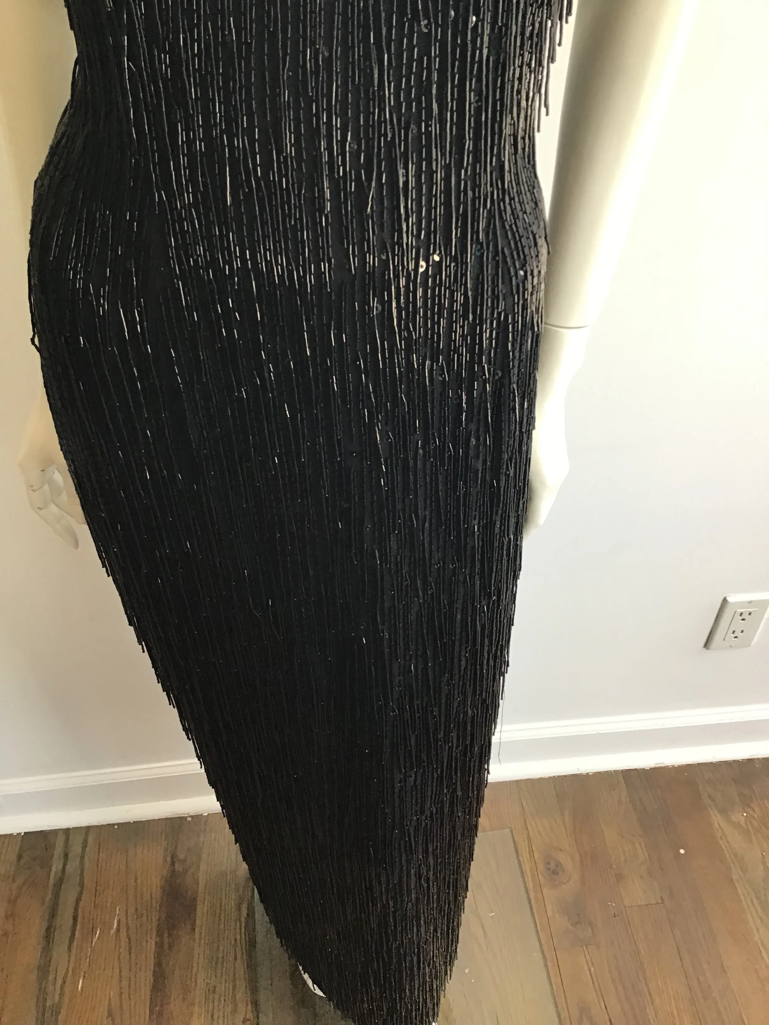 1980's Black Beaded Fringe Evening Dress Size 8