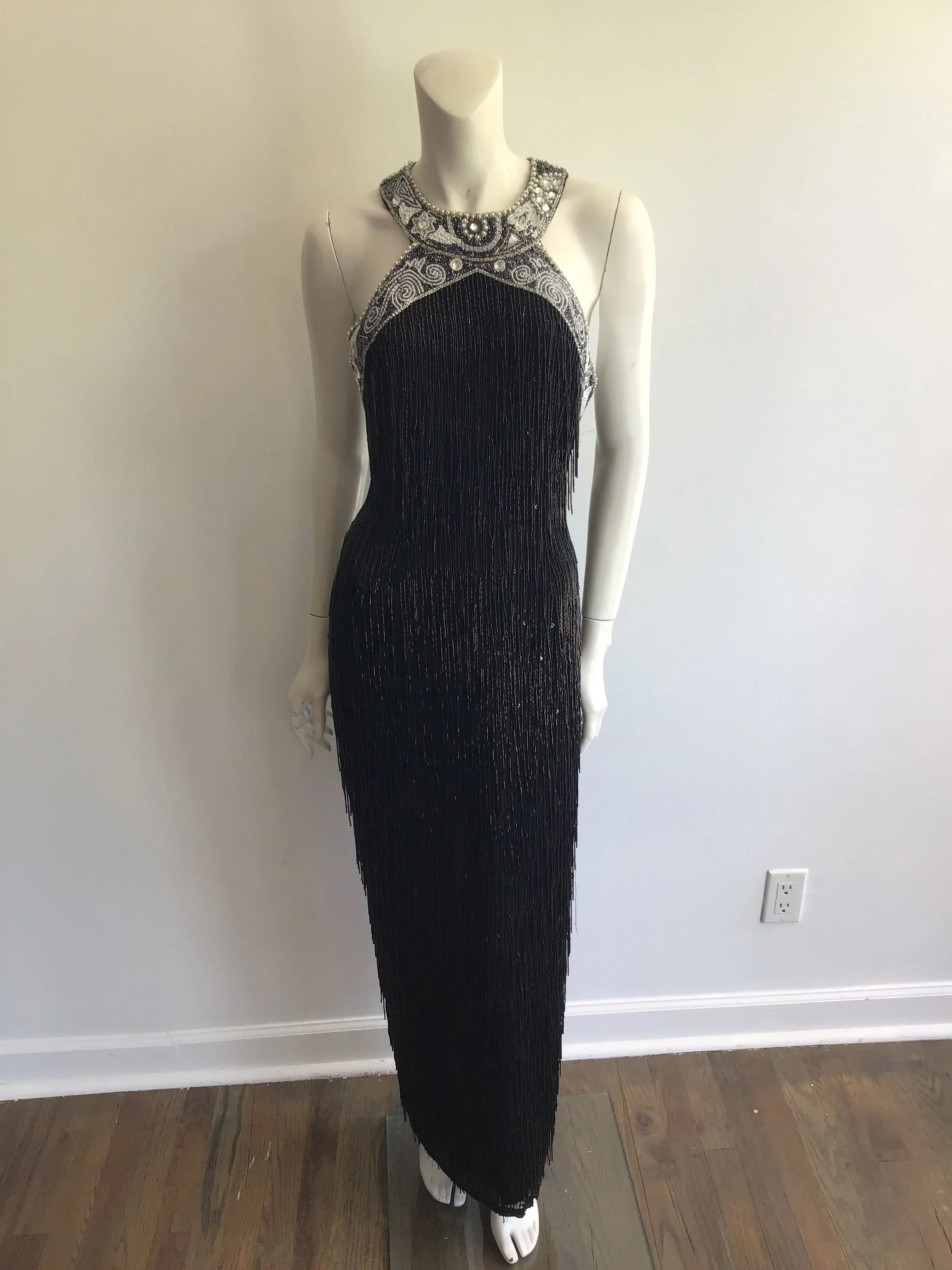 1980's Black Beaded Fringe Evening Dress Size 8