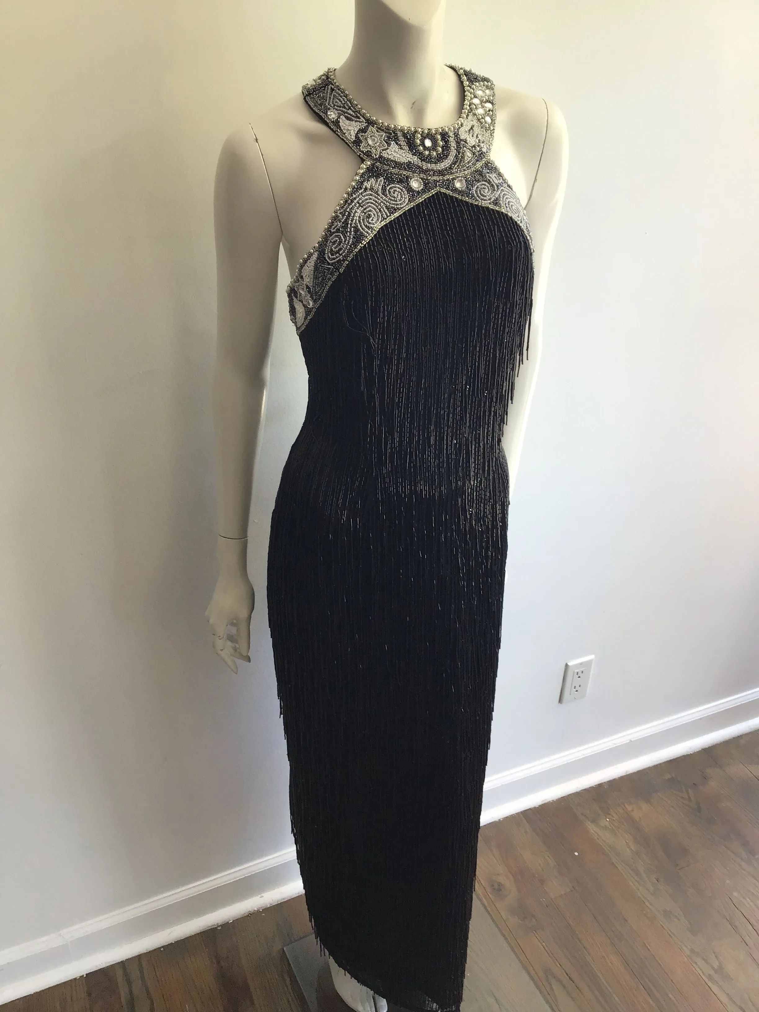 1980's Black Beaded Fringe Evening Dress Size 8