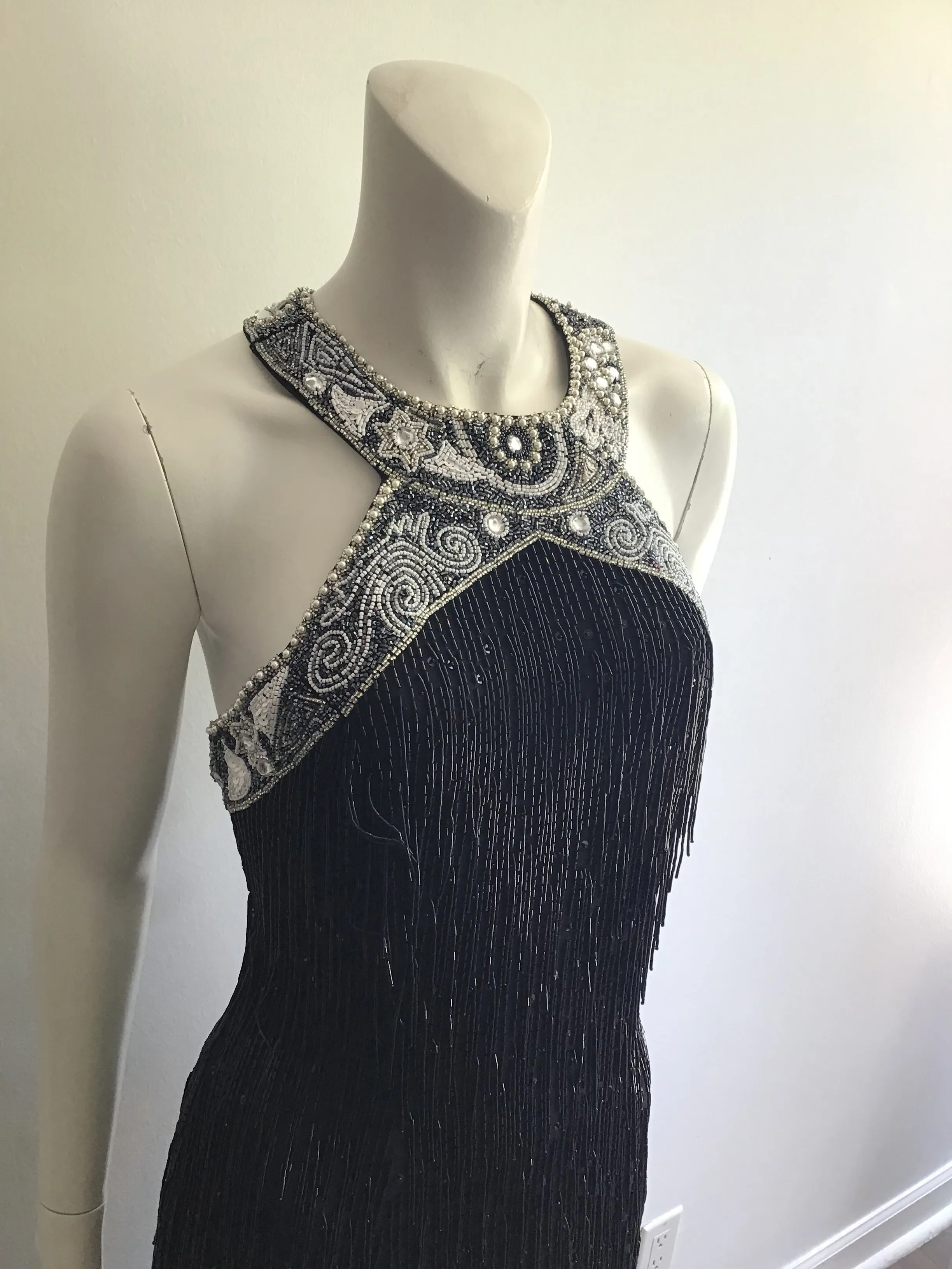 1980's Black Beaded Fringe Evening Dress Size 8