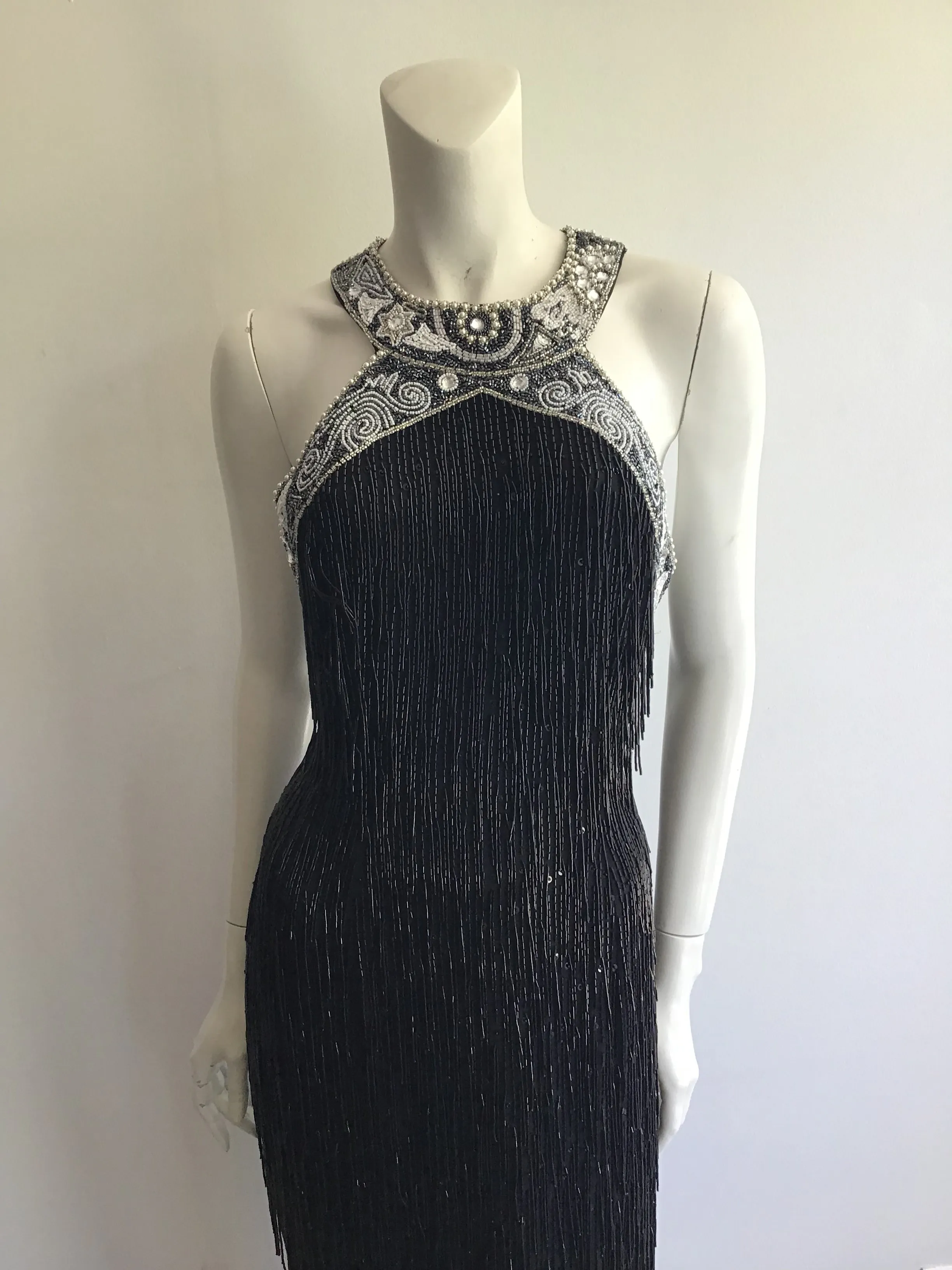 1980's Black Beaded Fringe Evening Dress Size 8