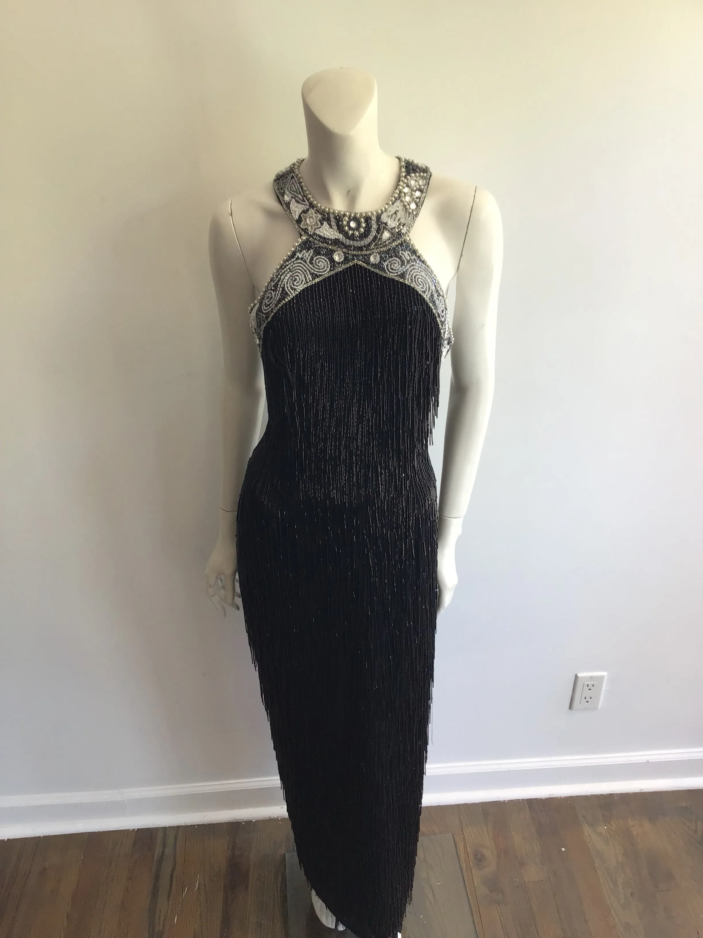 1980's Black Beaded Fringe Evening Dress Size 8