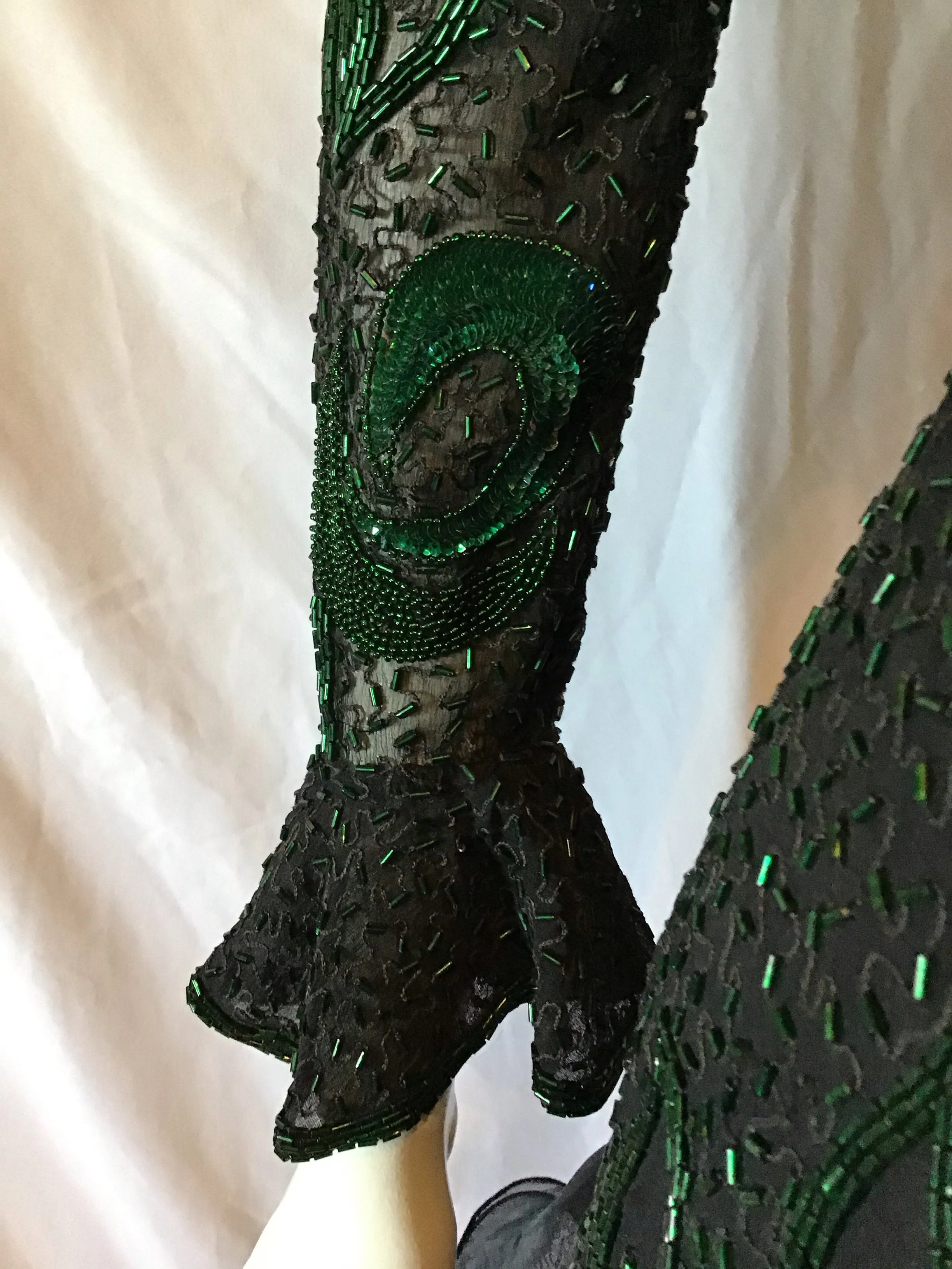 1980's Black Silk Chiffon Bodice /Silk Crepe Skirt  Green Beaded Peacock Motif Evening Dress-size 4