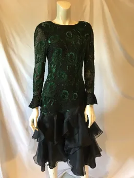 1980's Black Silk Chiffon Bodice /Silk Crepe Skirt  Green Beaded Peacock Motif Evening Dress-size 4