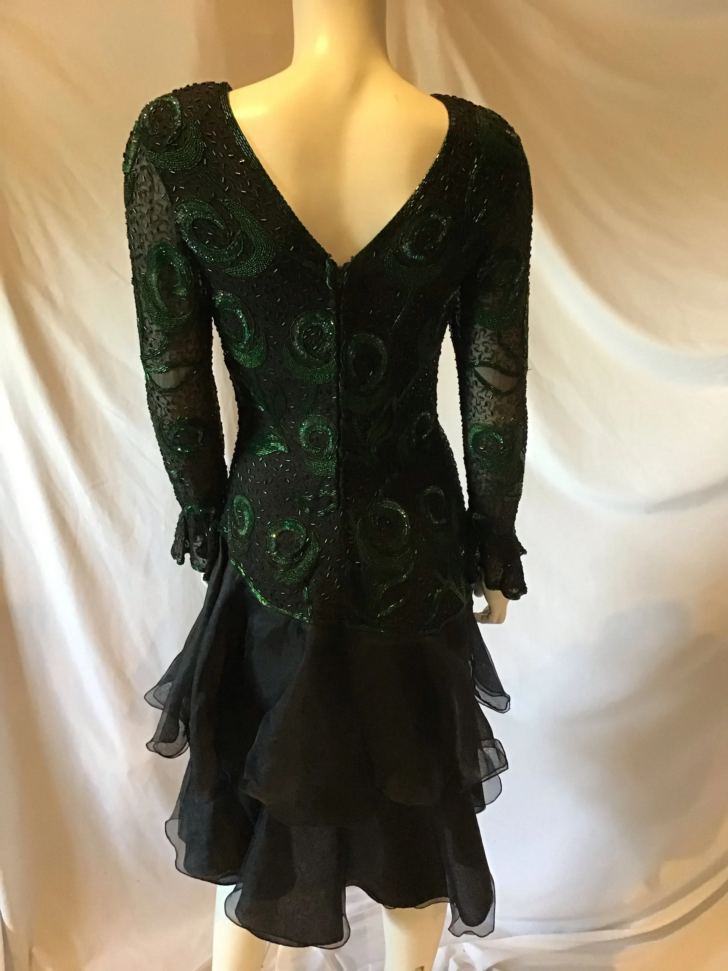 1980's Black Silk Chiffon Bodice /Silk Crepe Skirt  Green Beaded Peacock Motif Evening Dress-size 4