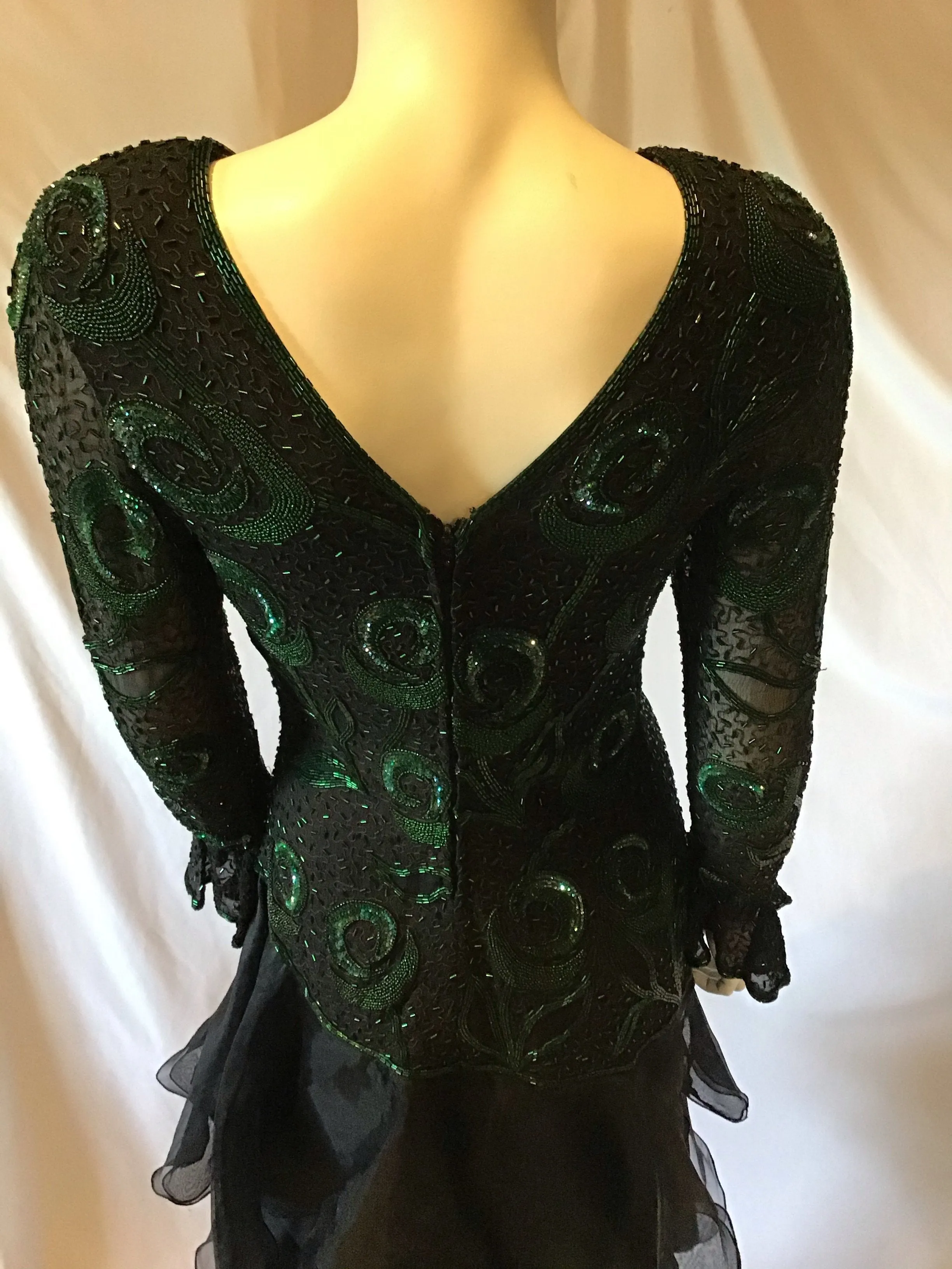 1980's Black Silk Chiffon Bodice /Silk Crepe Skirt  Green Beaded Peacock Motif Evening Dress-size 4