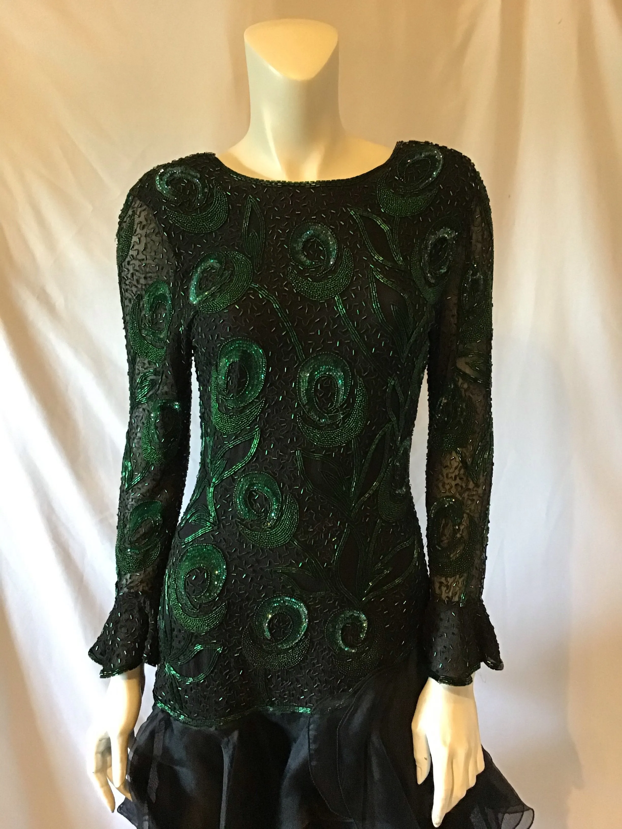 1980's Black Silk Chiffon Bodice /Silk Crepe Skirt  Green Beaded Peacock Motif Evening Dress-size 4