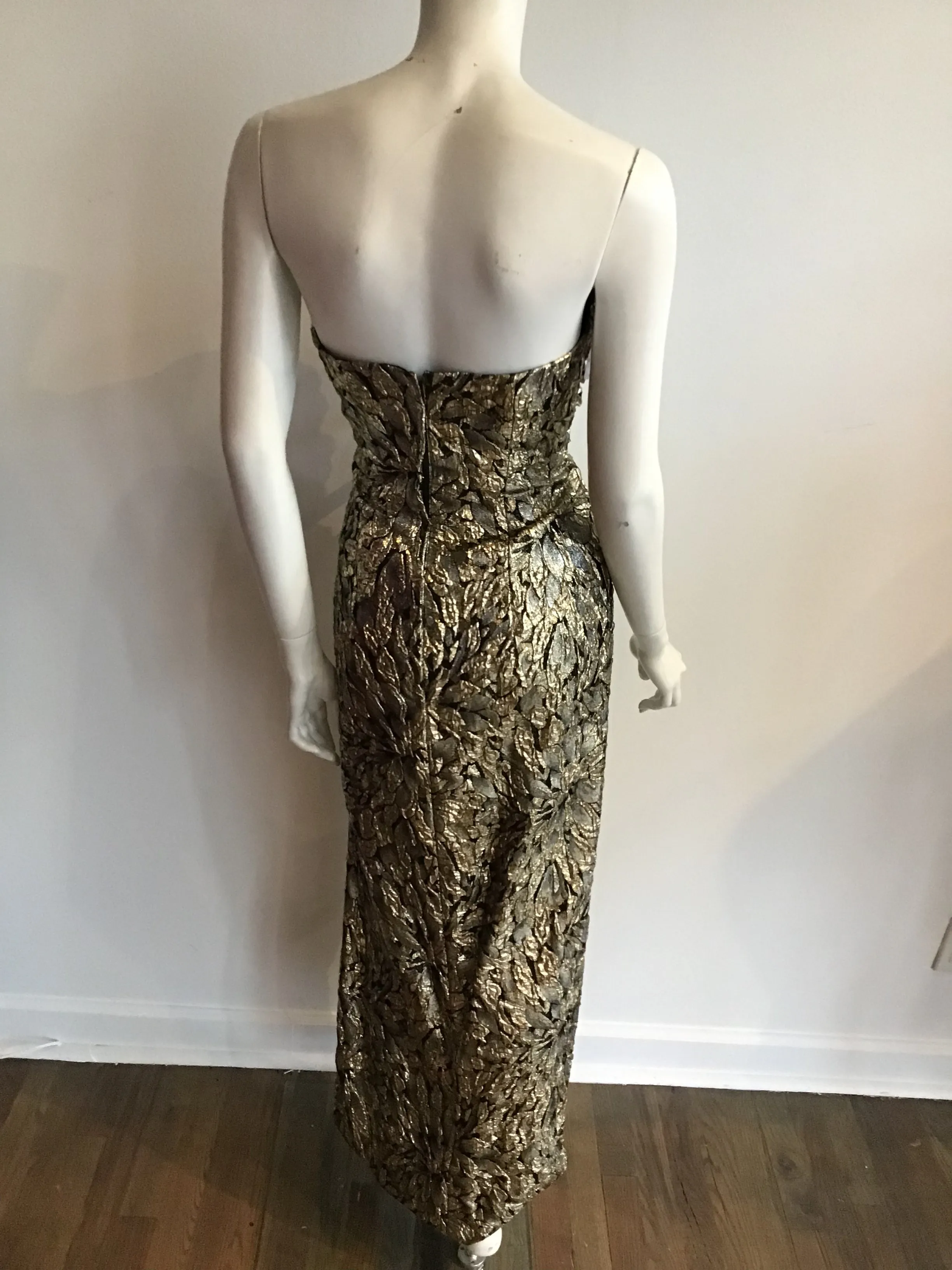 1980's Eugene Alexander Strapless Gold Metallic Evening Gown size 6