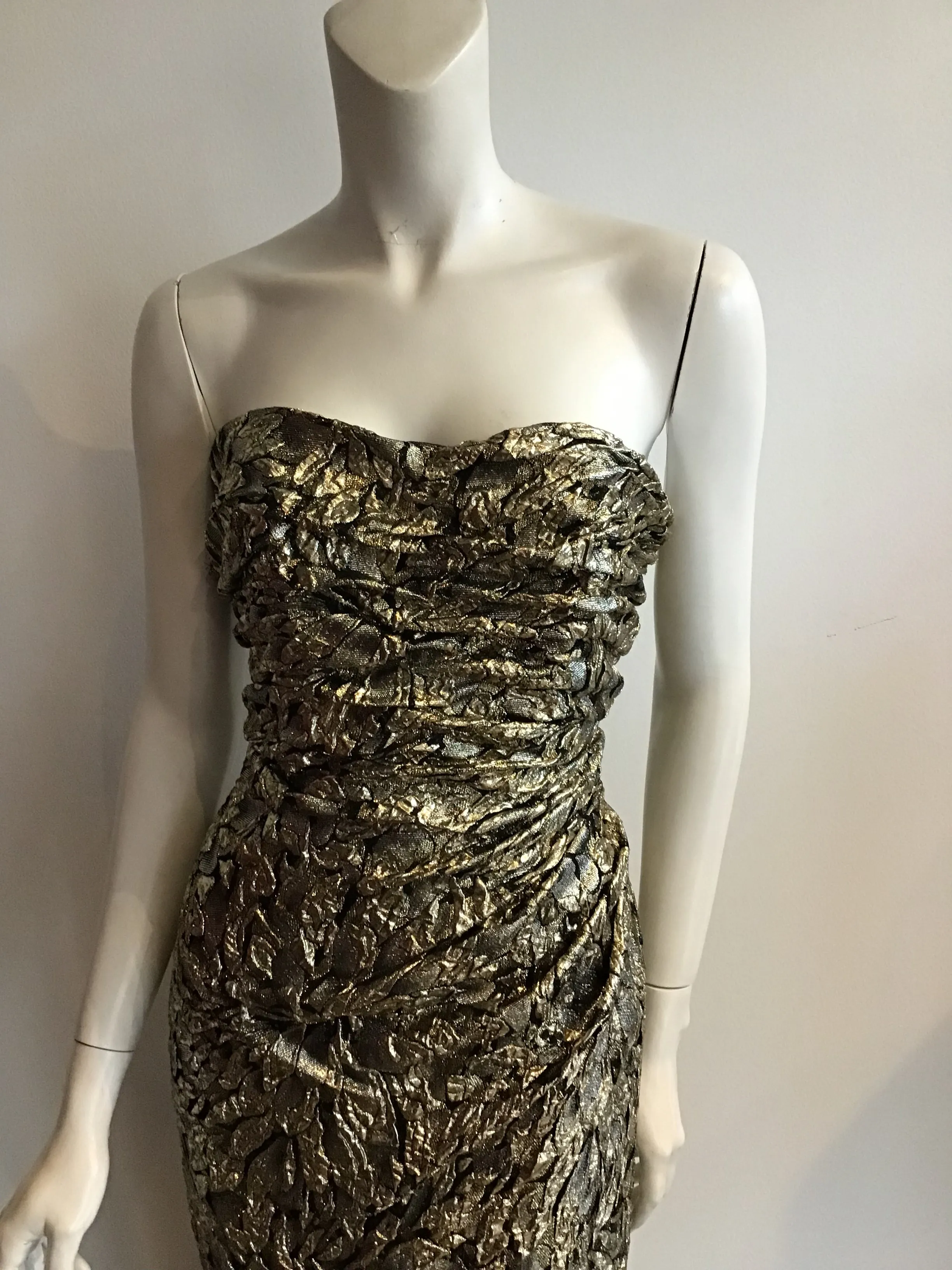 1980's Eugene Alexander Strapless Gold Metallic Evening Gown size 6