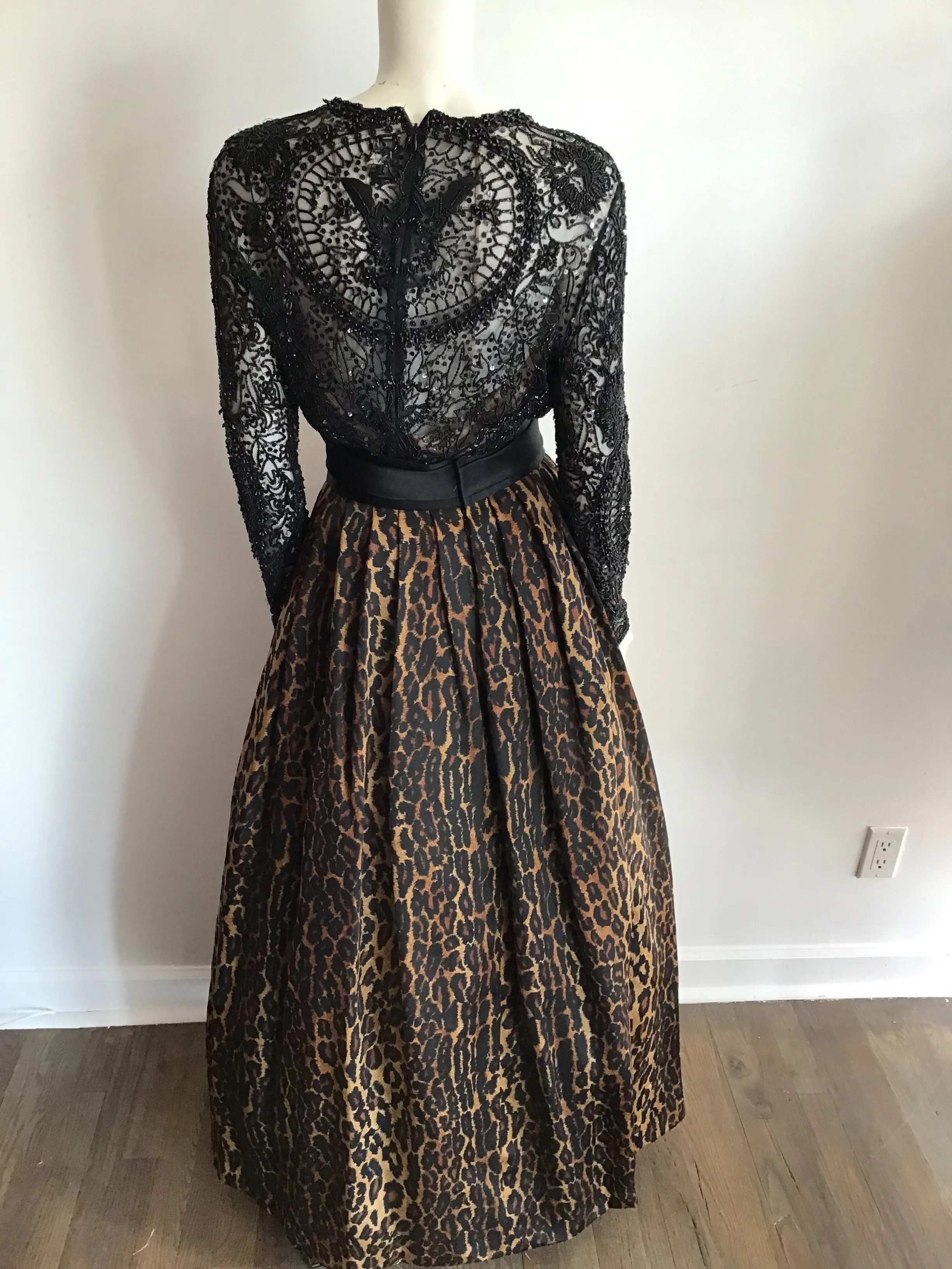 1980's Naeem Khan Silk Leopard Skirt and Black Beaded Top Ensemble-8