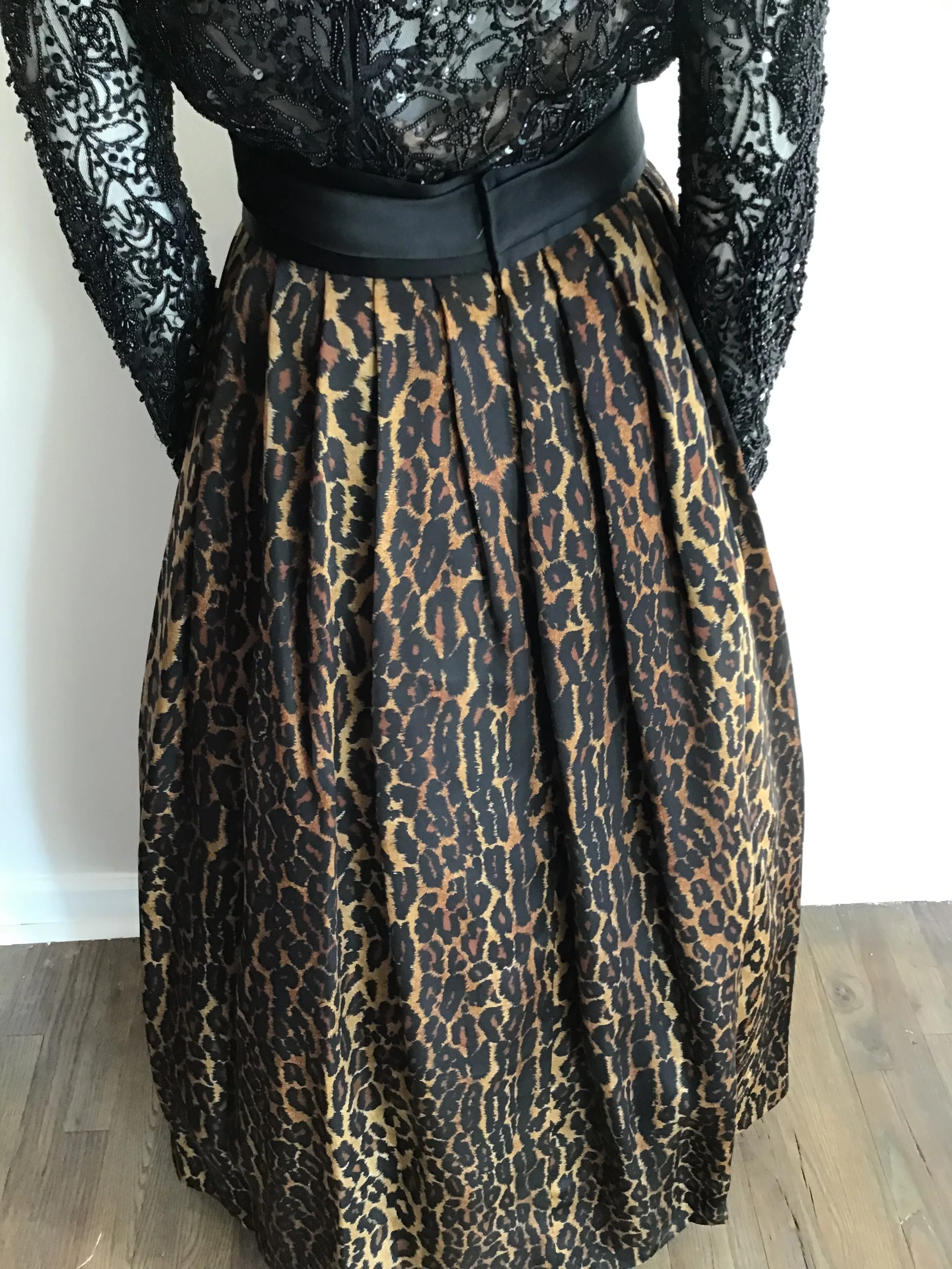 1980's Naeem Khan Silk Leopard Skirt and Black Beaded Top Ensemble-8