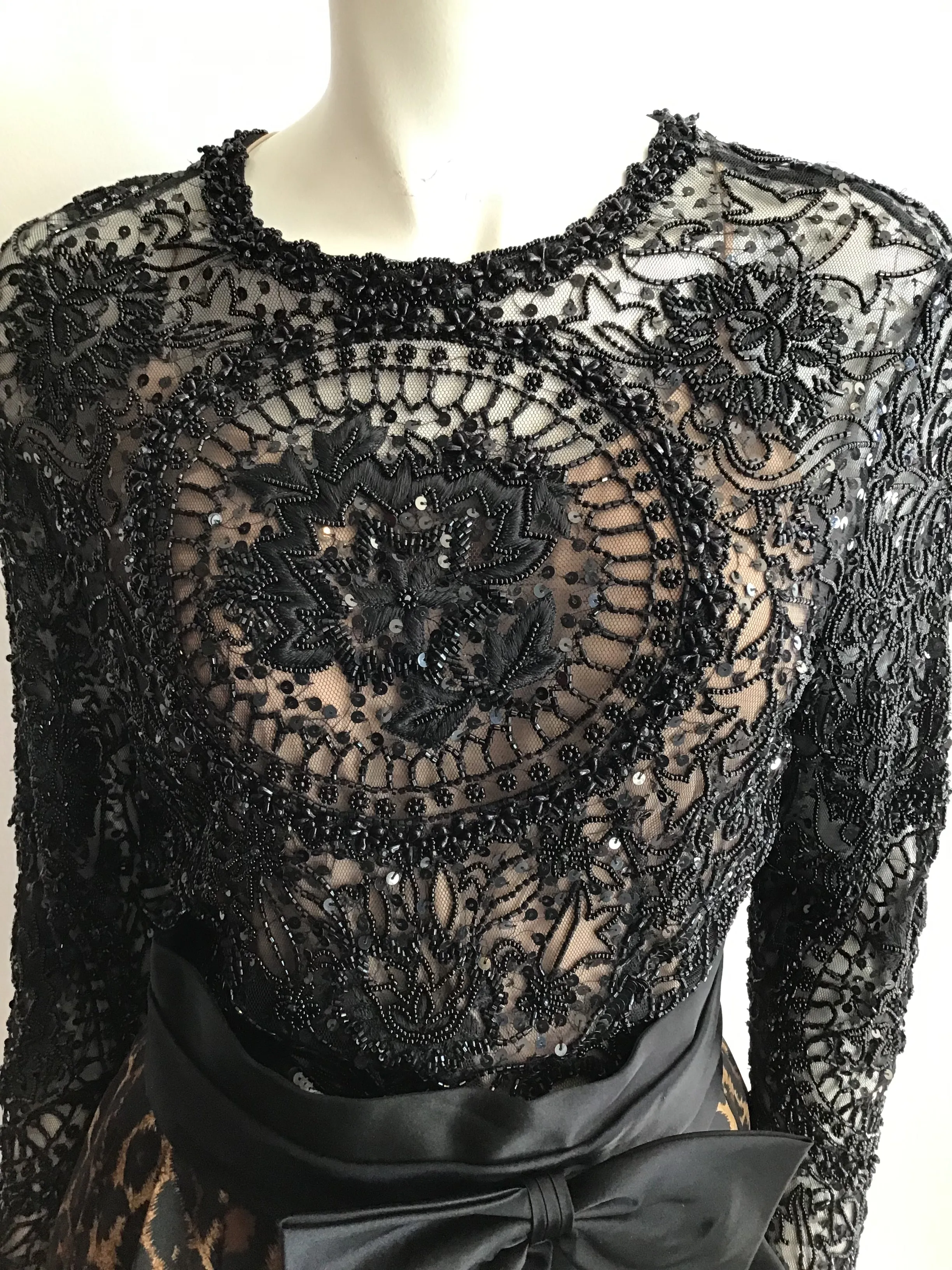 1980's Naeem Khan Silk Leopard Skirt and Black Beaded Top Ensemble-8