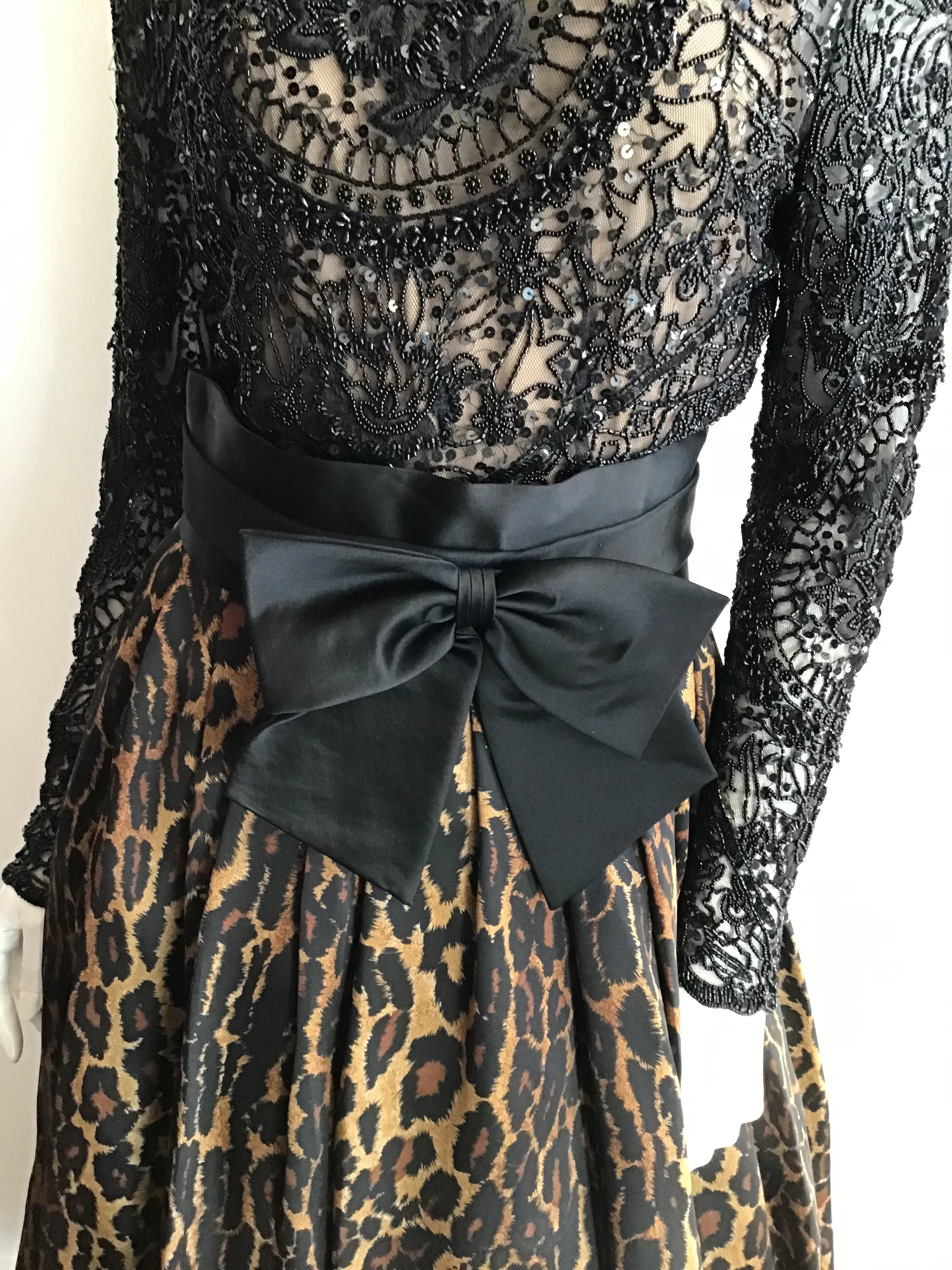 1980's Naeem Khan Silk Leopard Skirt and Black Beaded Top Ensemble-8