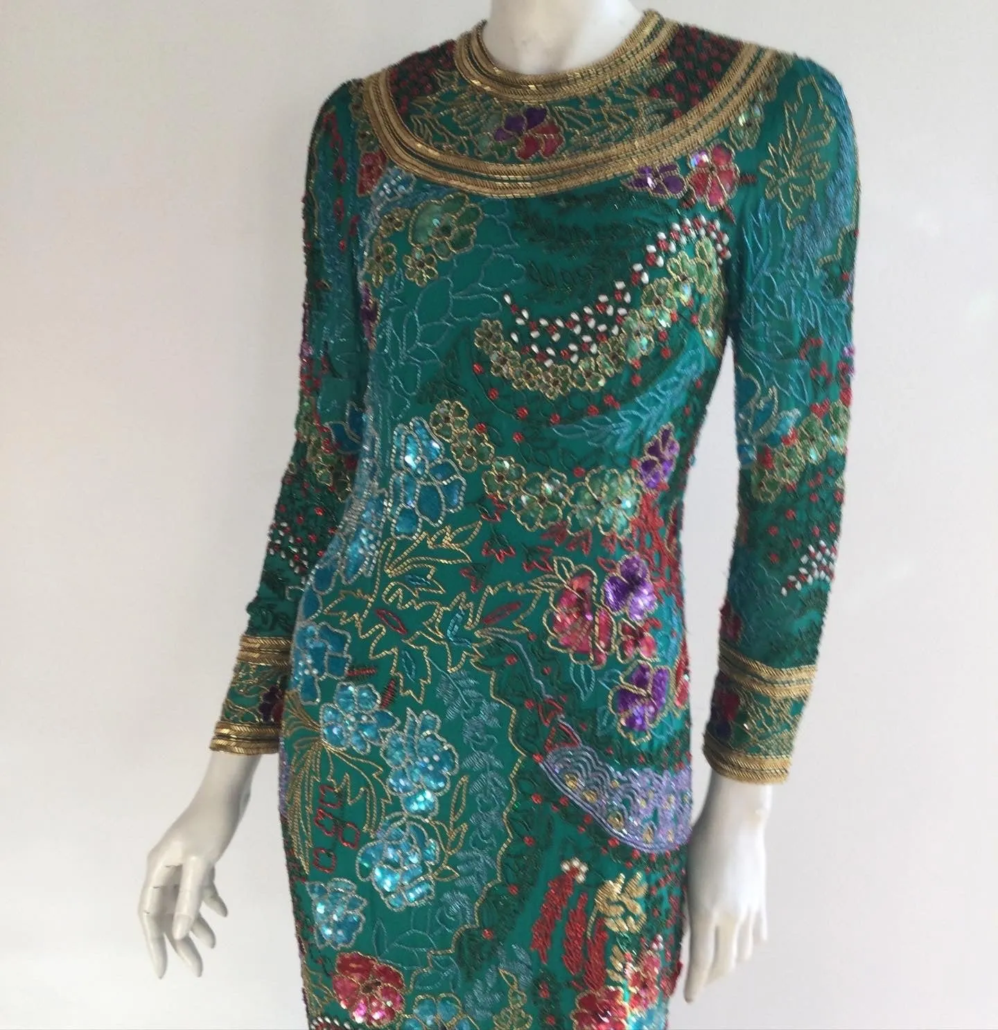 1980's Naeem Khan Silk on Silk  Green/Multicolored Chiffon  Beaded Gown Size 8
