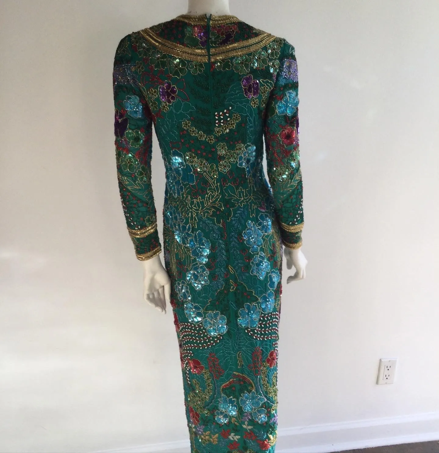 1980's Naeem Khan Silk on Silk  Green/Multicolored Chiffon  Beaded Gown Size 8