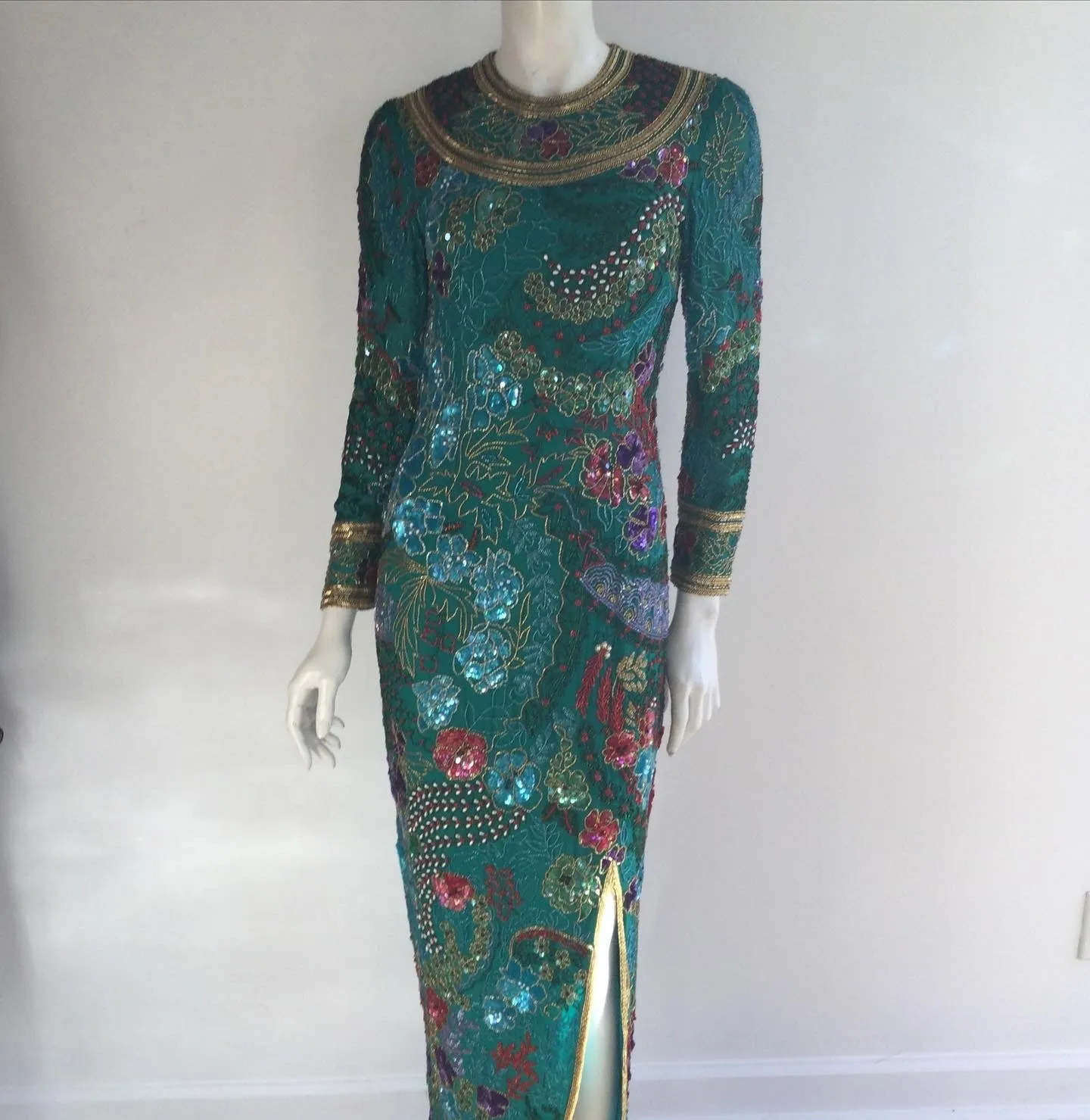1980's Naeem Khan Silk on Silk  Green/Multicolored Chiffon  Beaded Gown Size 8