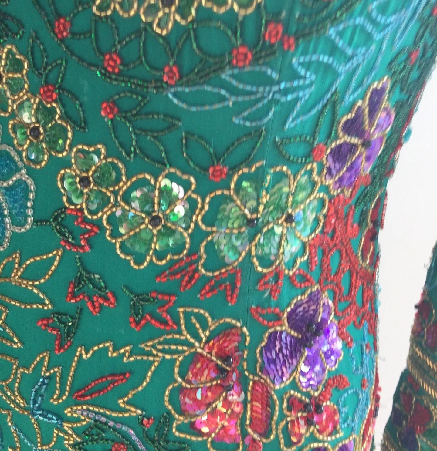 1980's Naeem Khan Silk on Silk  Green/Multicolored Chiffon  Beaded Gown Size 8