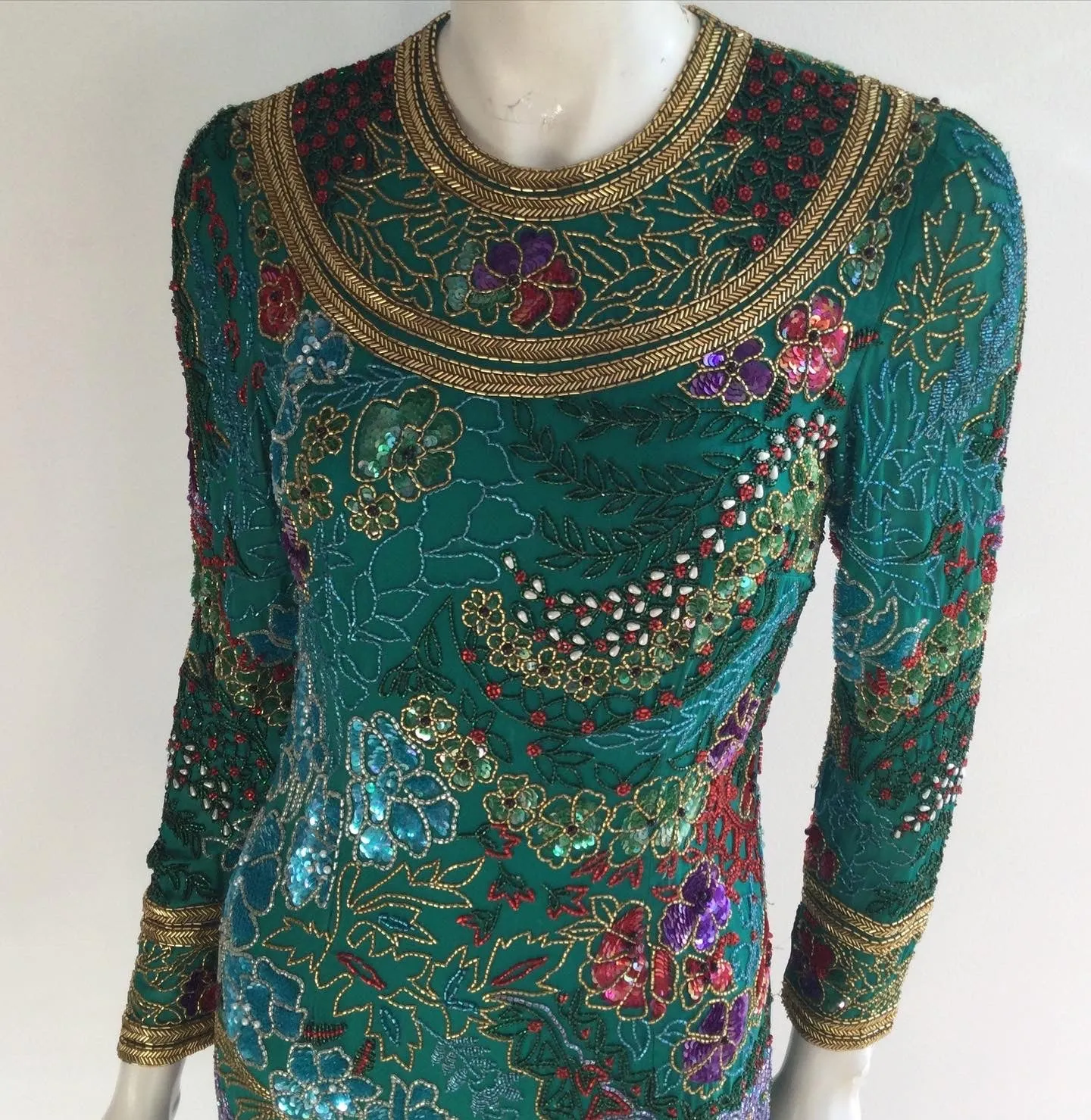 1980's Naeem Khan Silk on Silk  Green/Multicolored Chiffon  Beaded Gown Size 8