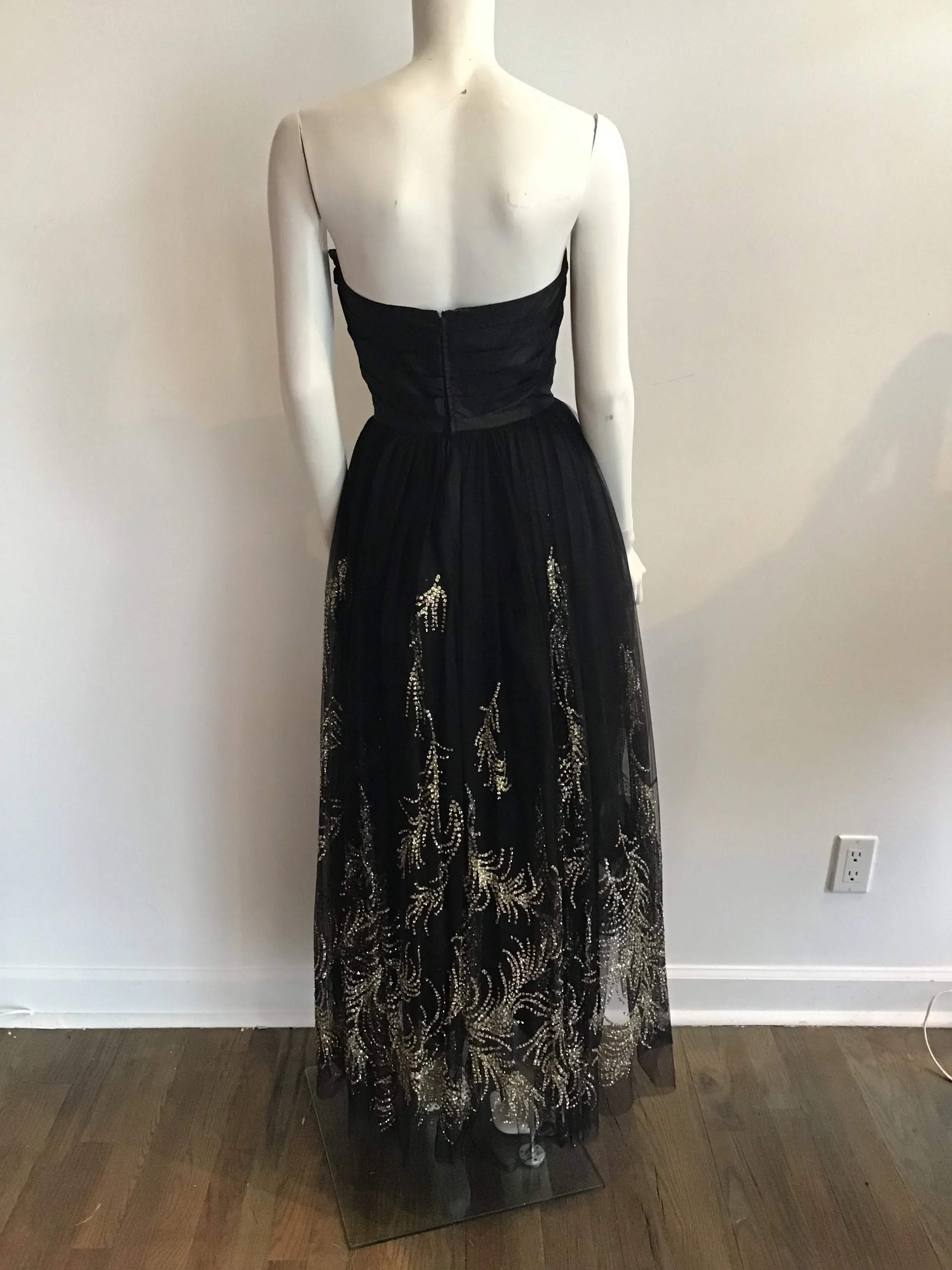 1980's Strapless Vicky Tiel Couture Black net Rhinestone and gold detailed Gown size 5/6