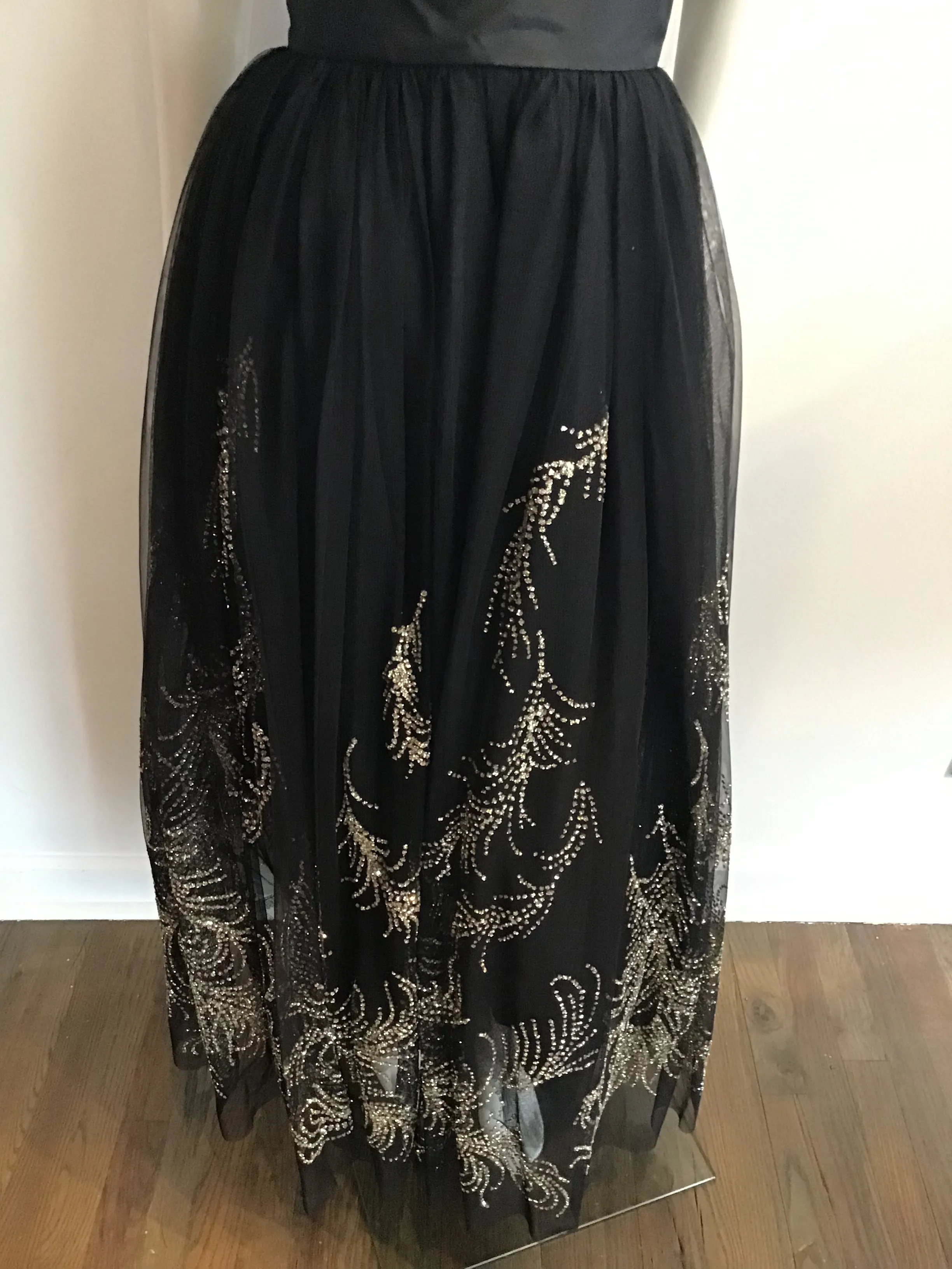 1980's Strapless Vicky Tiel Couture Black net Rhinestone and gold detailed Gown size 5/6