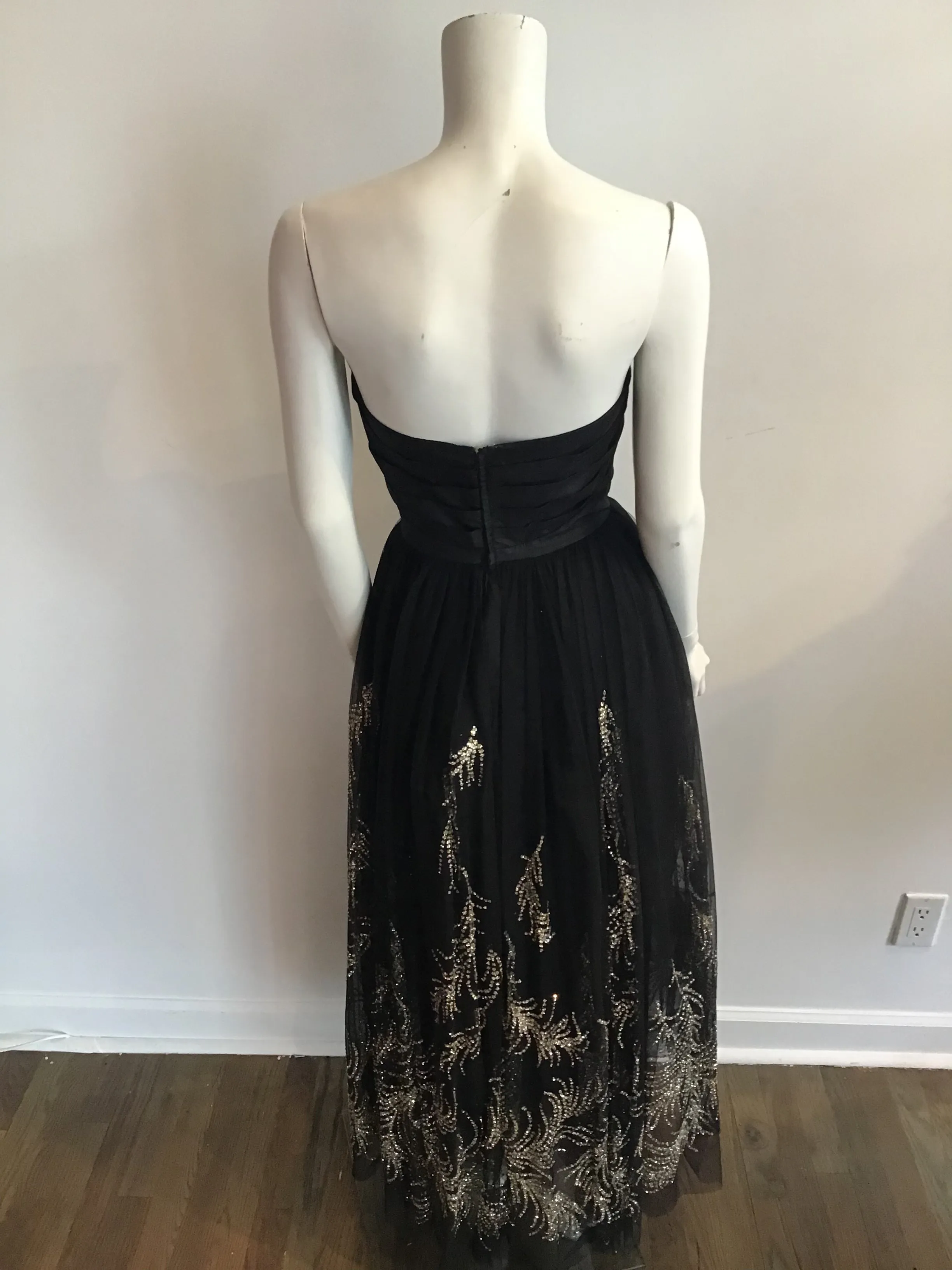 1980's Strapless Vicky Tiel Couture Black net Rhinestone and gold detailed Gown size 5/6