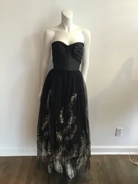 1980's Strapless Vicky Tiel Couture Black net Rhinestone and gold detailed Gown size 5/6