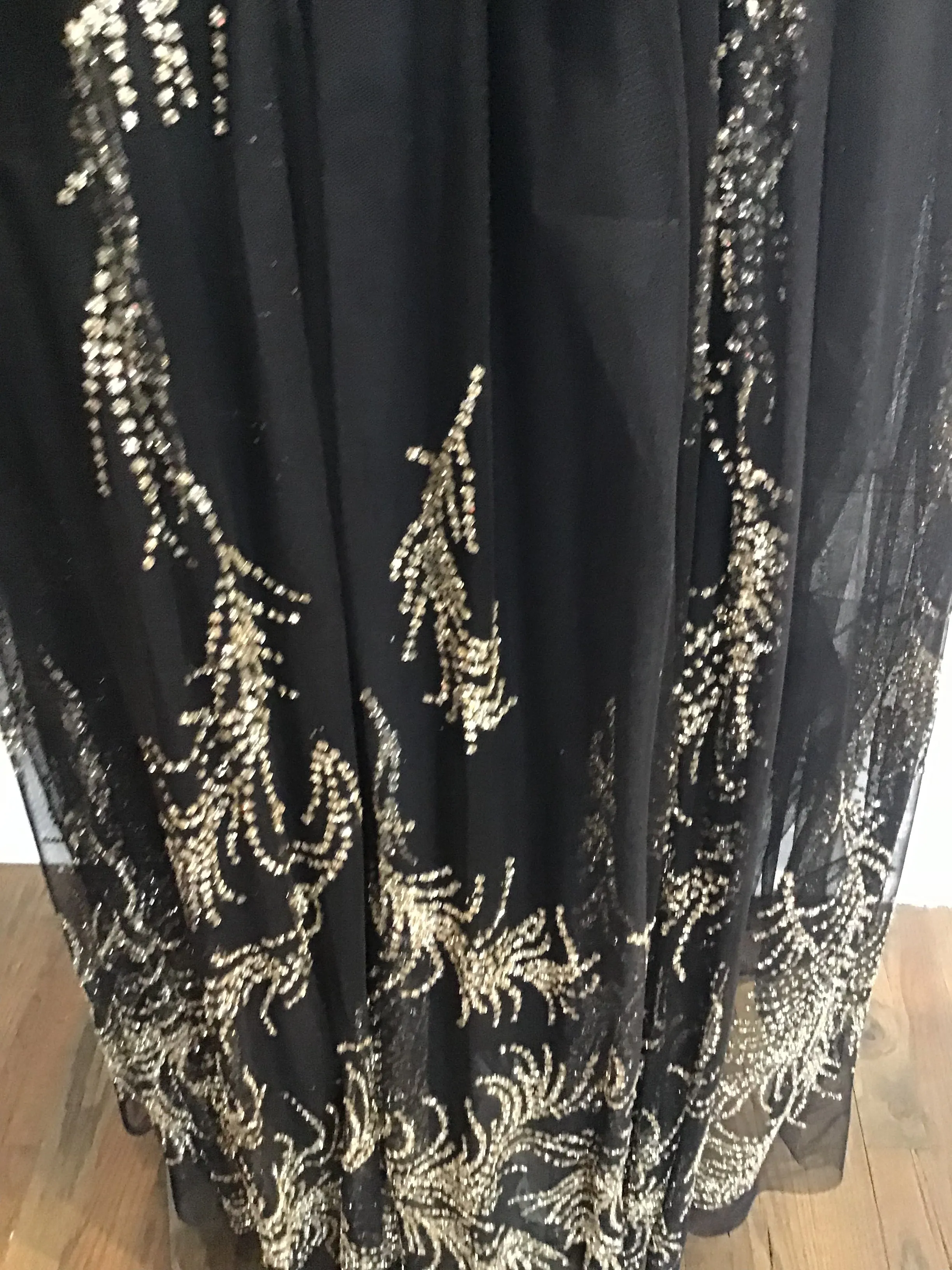 1980's Strapless Vicky Tiel Couture Black net Rhinestone and gold detailed Gown size 5/6