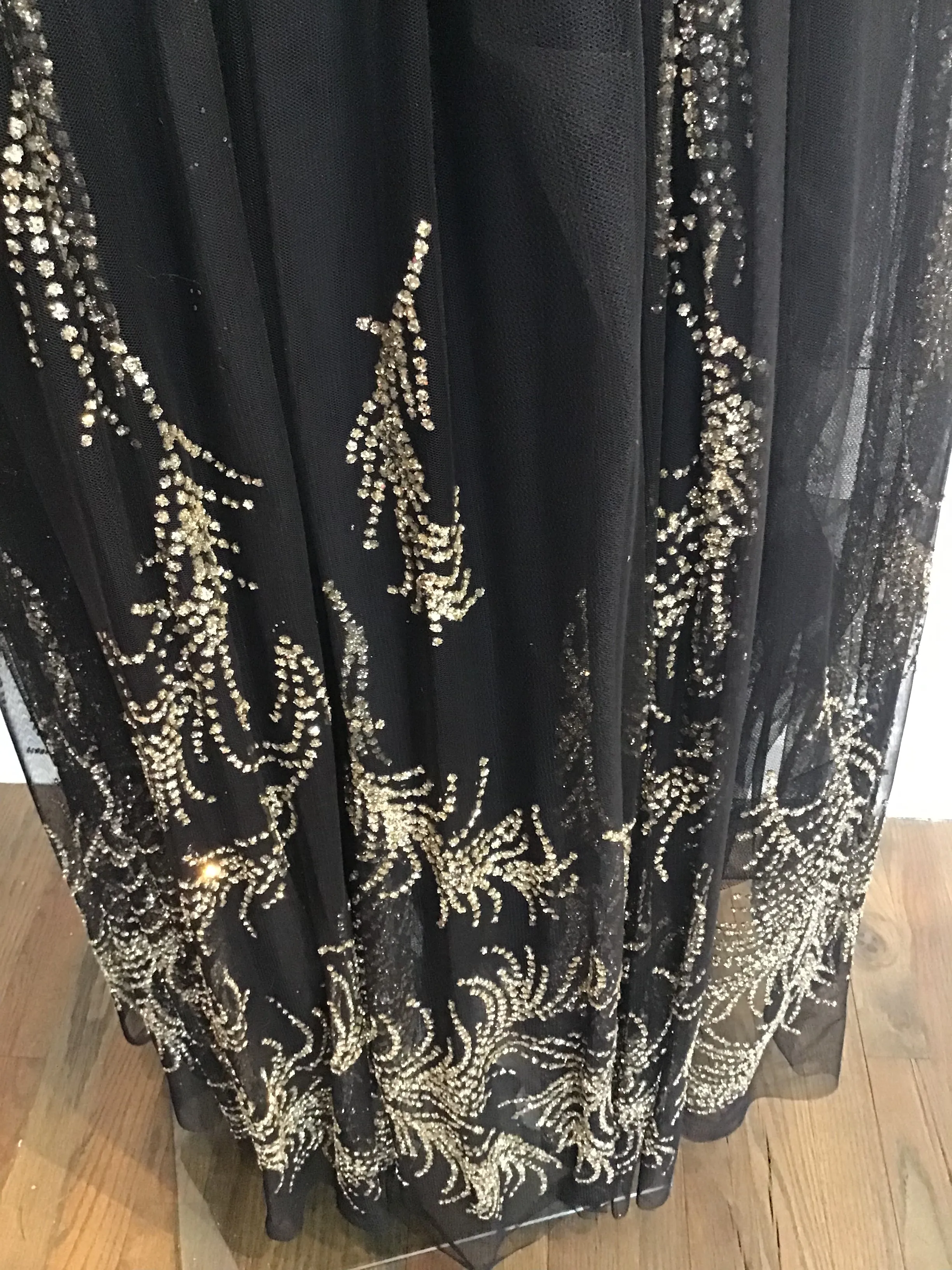 1980's Strapless Vicky Tiel Couture Black net Rhinestone and gold detailed Gown size 5/6