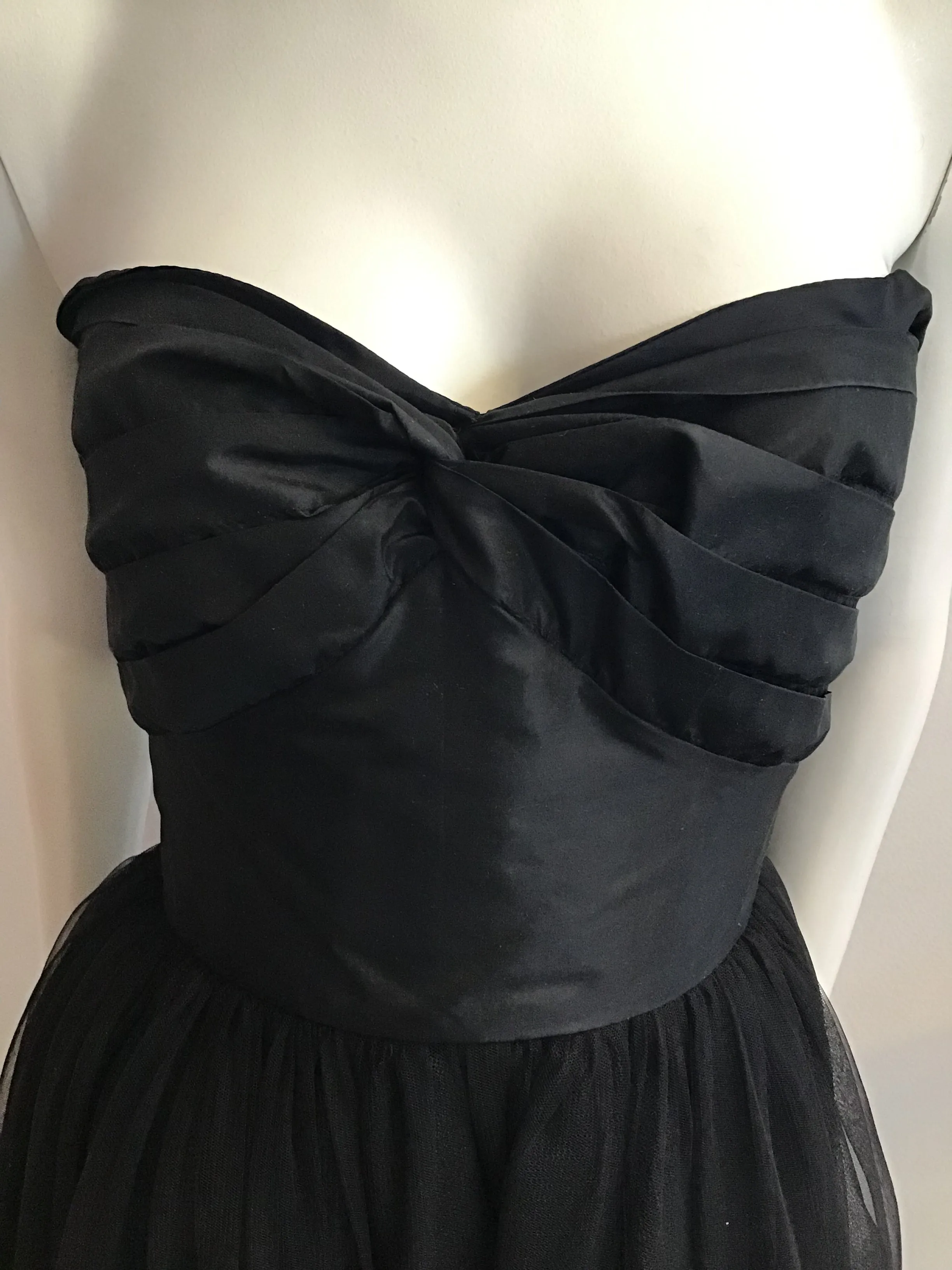 1980's Strapless Vicky Tiel Couture Black net Rhinestone and gold detailed Gown size 5/6