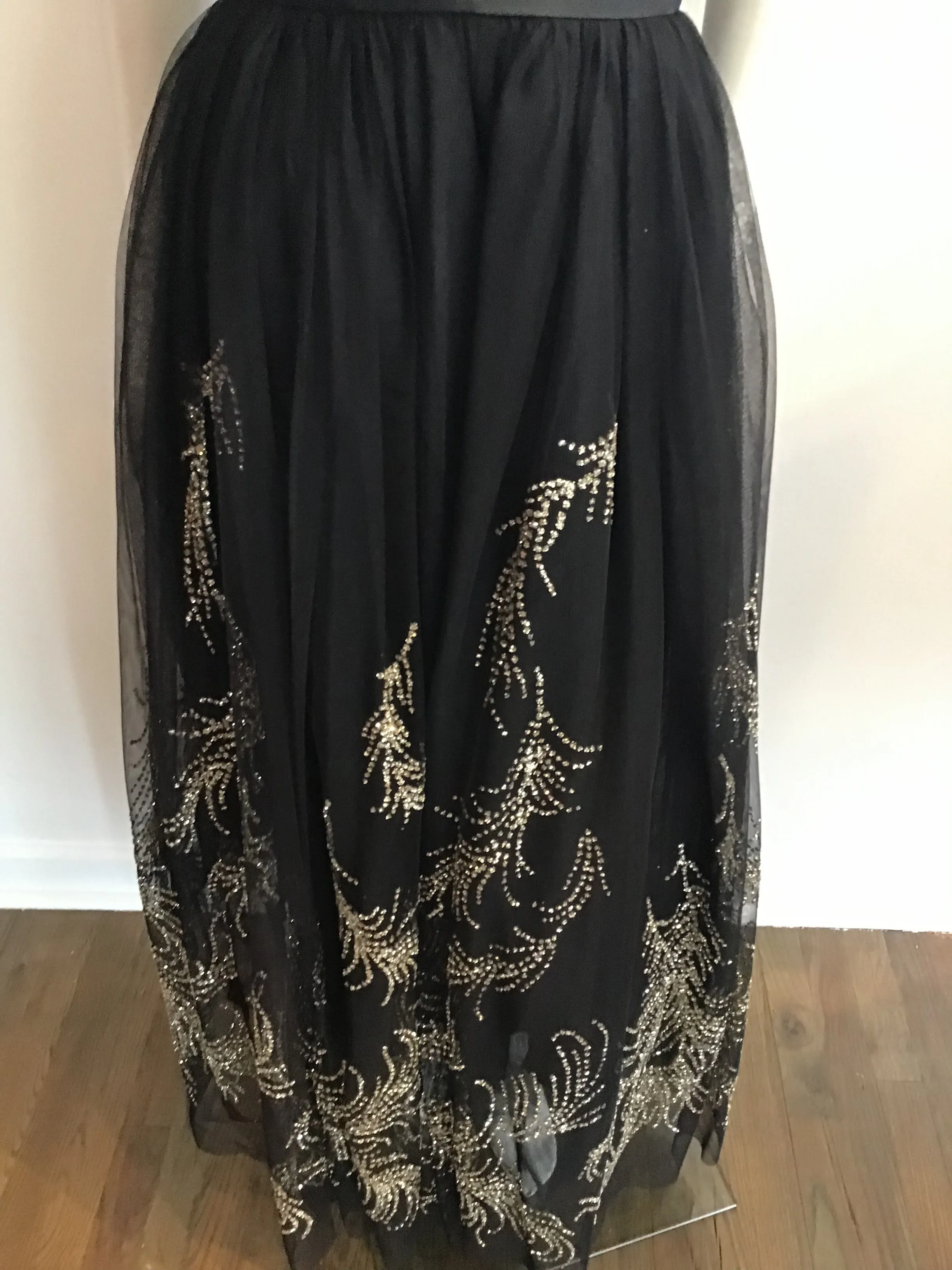 1980's Strapless Vicky Tiel Couture Black net Rhinestone and gold detailed Gown size 5/6